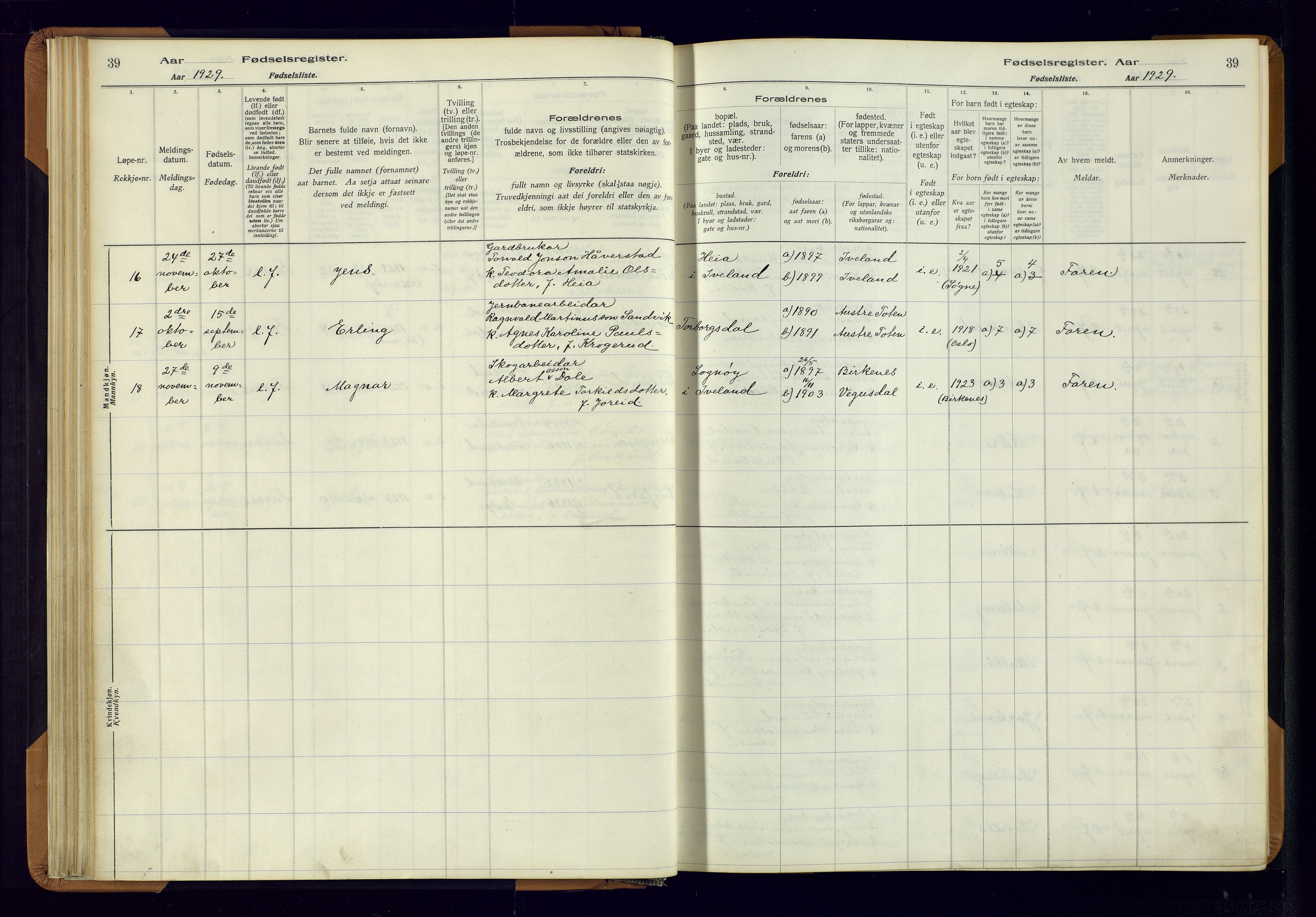 Evje sokneprestkontor, AV/SAK-1111-0008/J/Jc/L0003: Birth register no. II.4.3, 1916-1982, p. 39