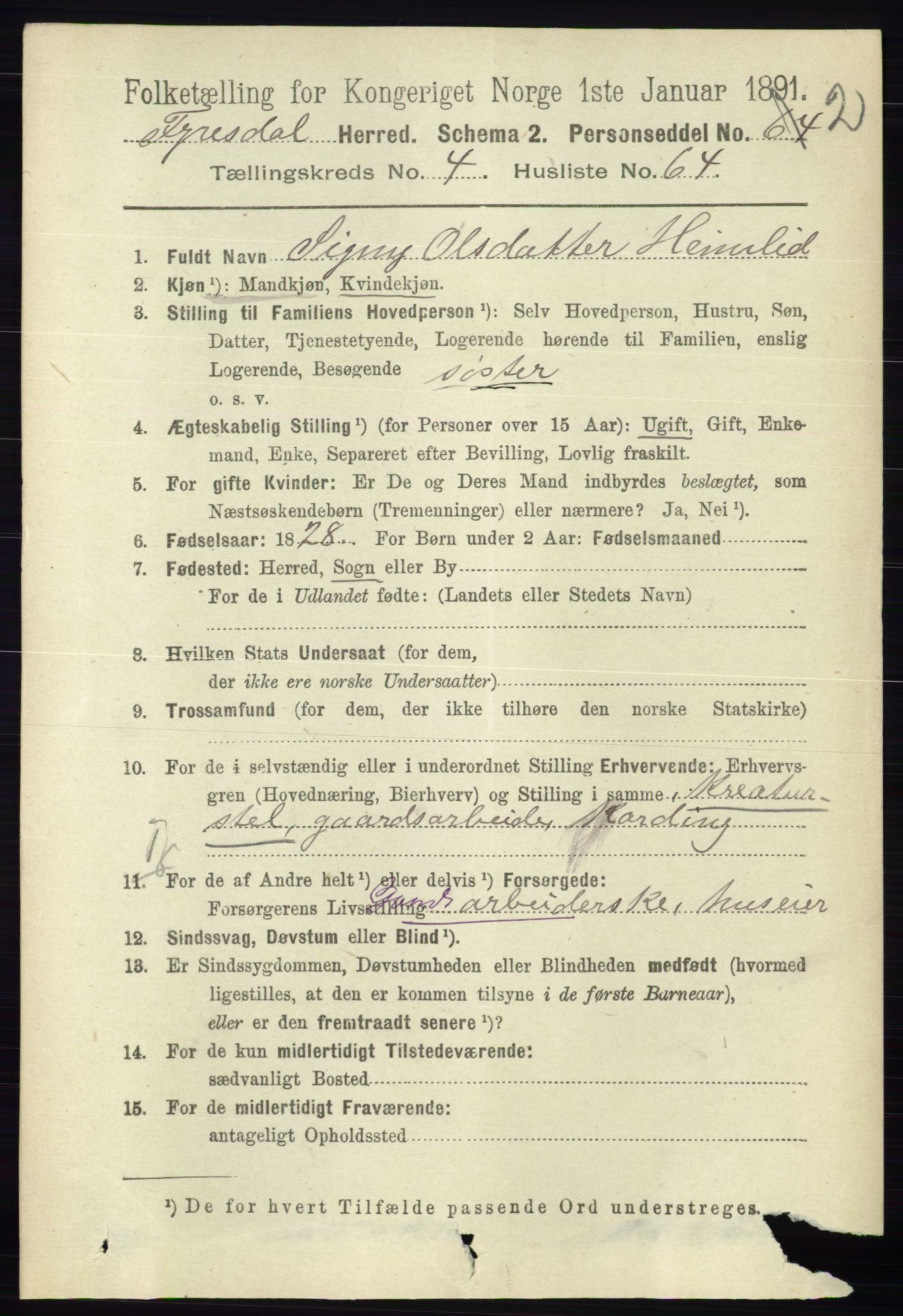 RA, 1891 census for 0831 Fyresdal, 1891, p. 1222