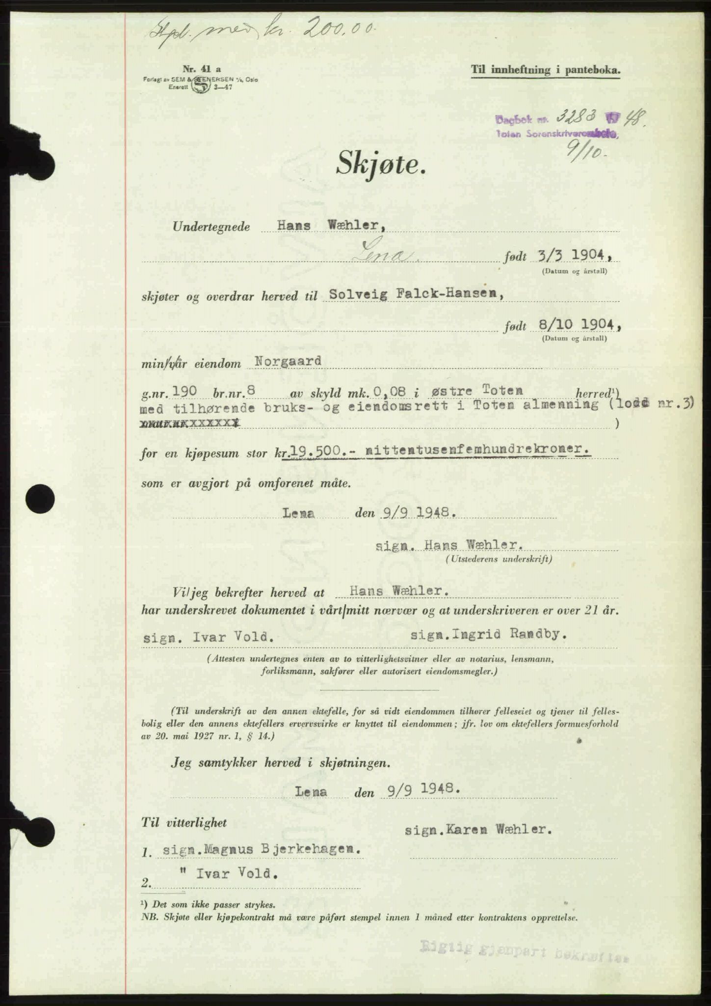 Toten tingrett, SAH/TING-006/H/Hb/Hbc/L0020: Mortgage book no. Hbc-20, 1948-1948, Diary no: : 3283/1948