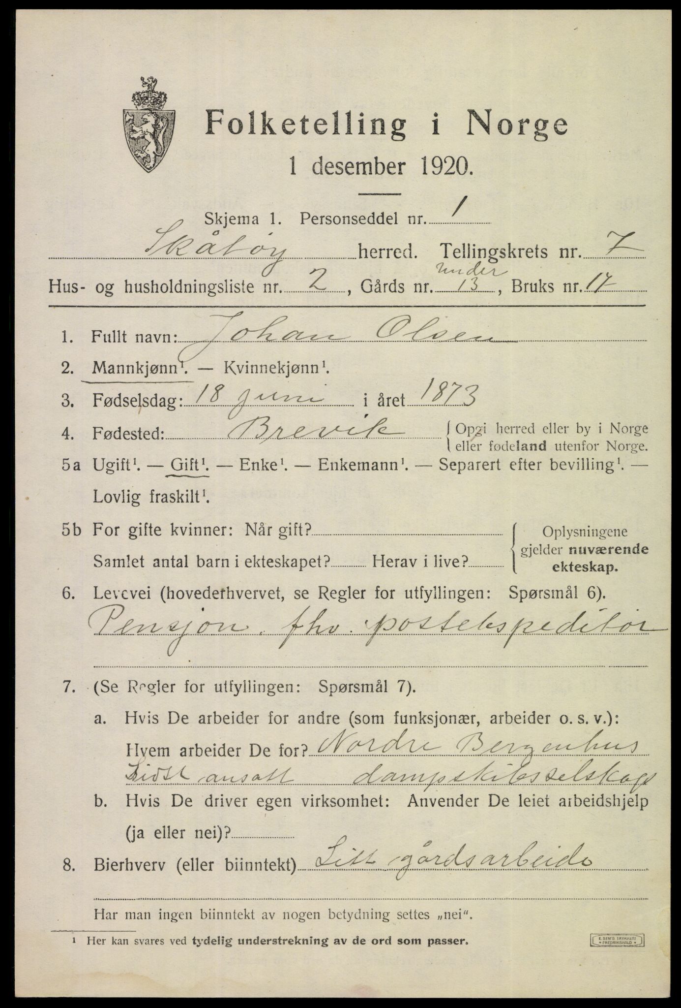 SAKO, 1920 census for Skåtøy, 1920, p. 5330