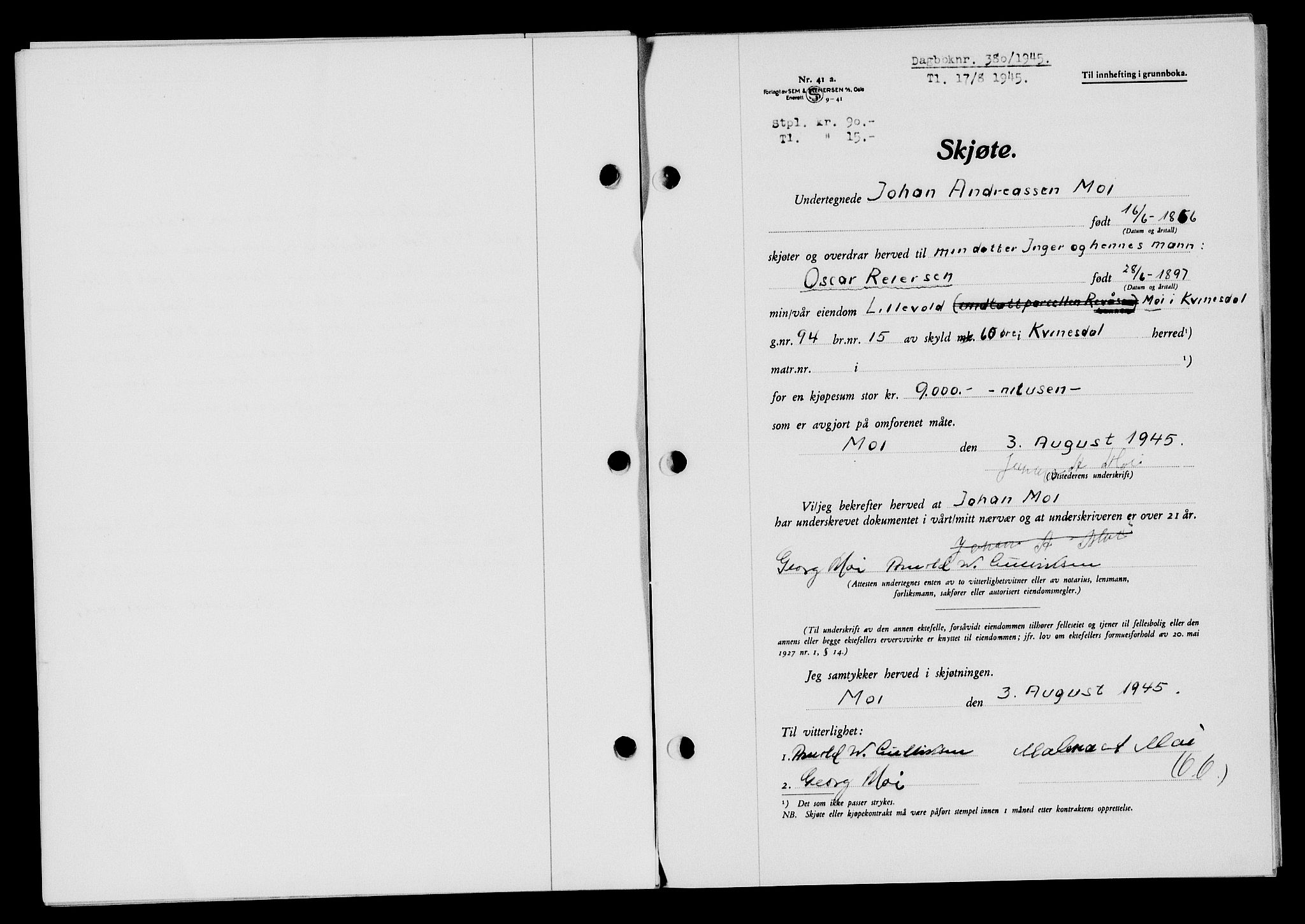 Flekkefjord sorenskriveri, SAK/1221-0001/G/Gb/Gba/L0059: Mortgage book no. A-7, 1944-1945, Diary no: : 380/1945