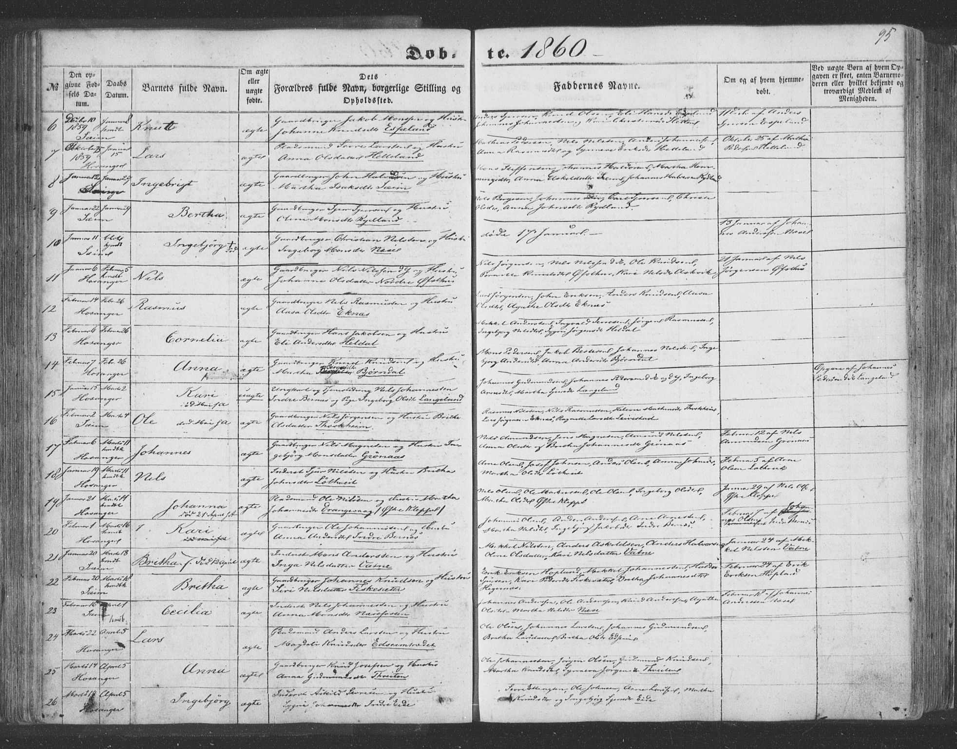 Hosanger sokneprestembete, SAB/A-75801/H/Haa: Parish register (official) no. A 8, 1849-1863, p. 95