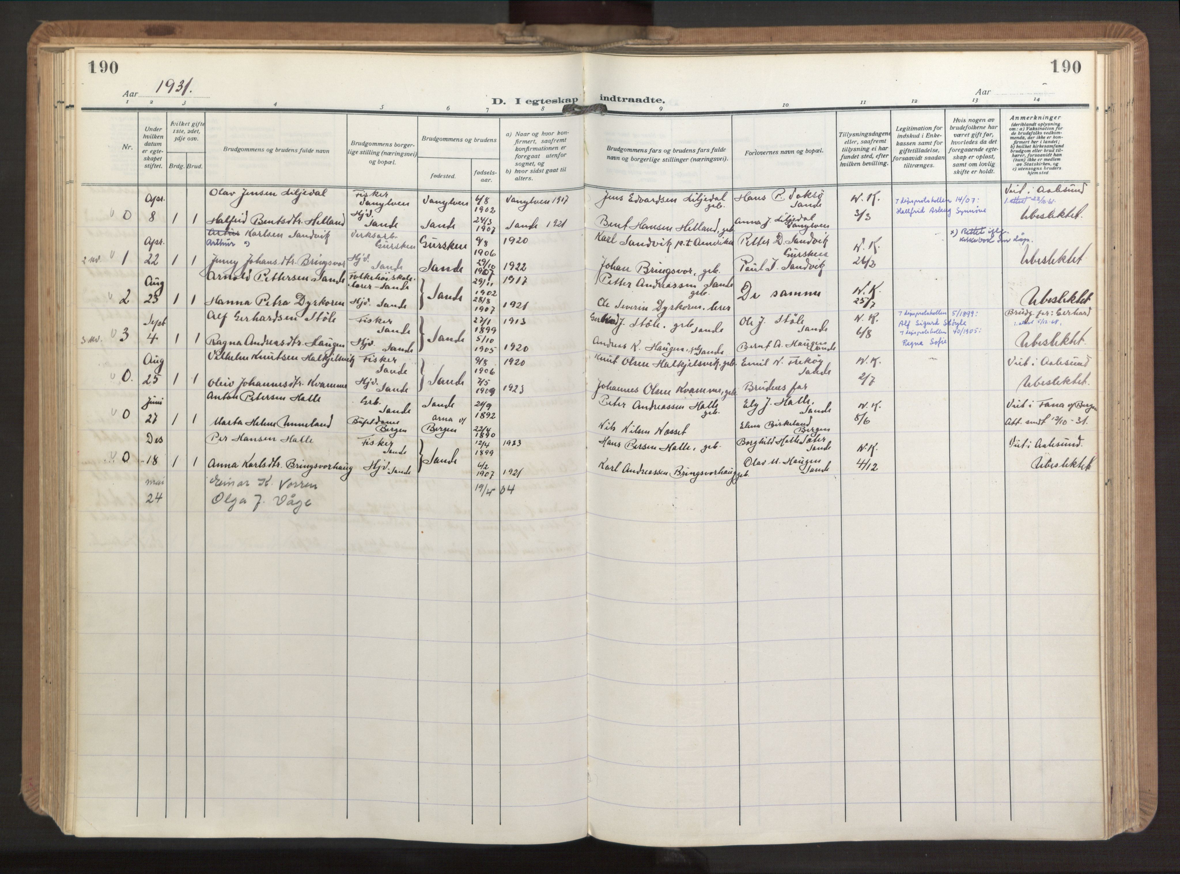 Ministerialprotokoller, klokkerbøker og fødselsregistre - Møre og Romsdal, AV/SAT-A-1454/503/L0044: Parish register (official) no. 503A12, 1918-1931, p. 190