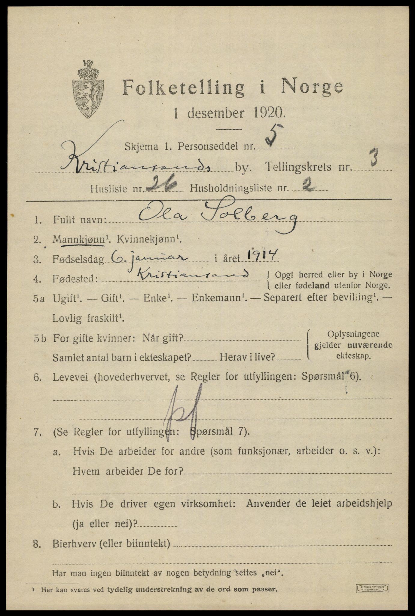 SAK, 1920 census for Kristiansand, 1920, p. 14361