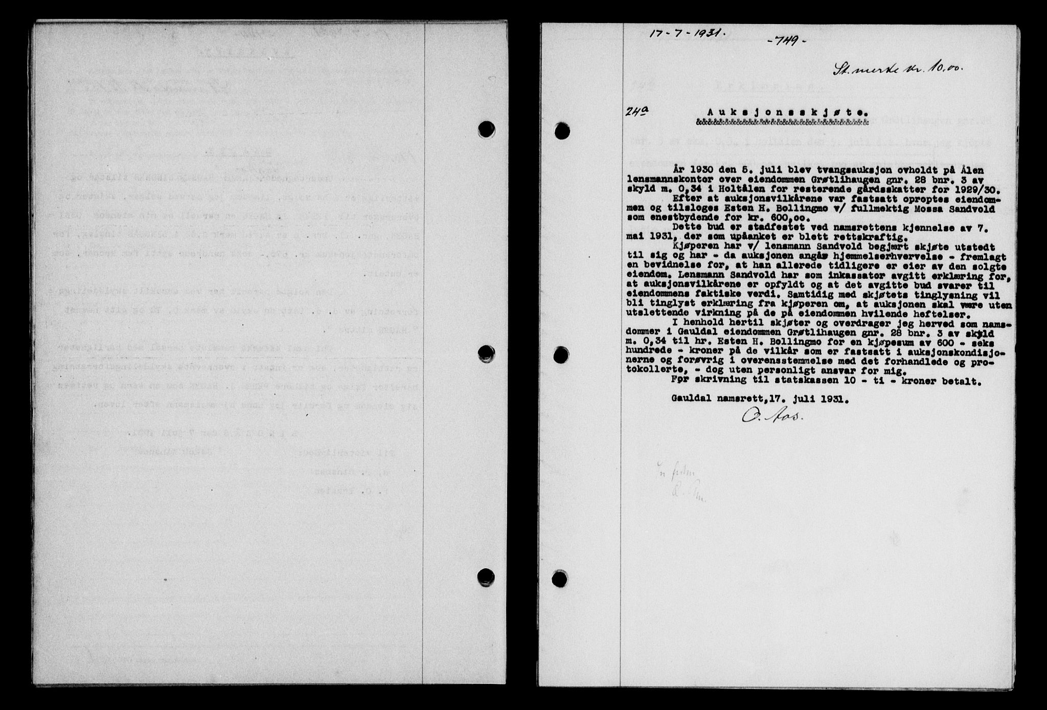 Gauldal sorenskriveri, SAT/A-0014/1/2/2C/L0041: Mortgage book no. 42-43, 1930-1931, Deed date: 17.07.1931