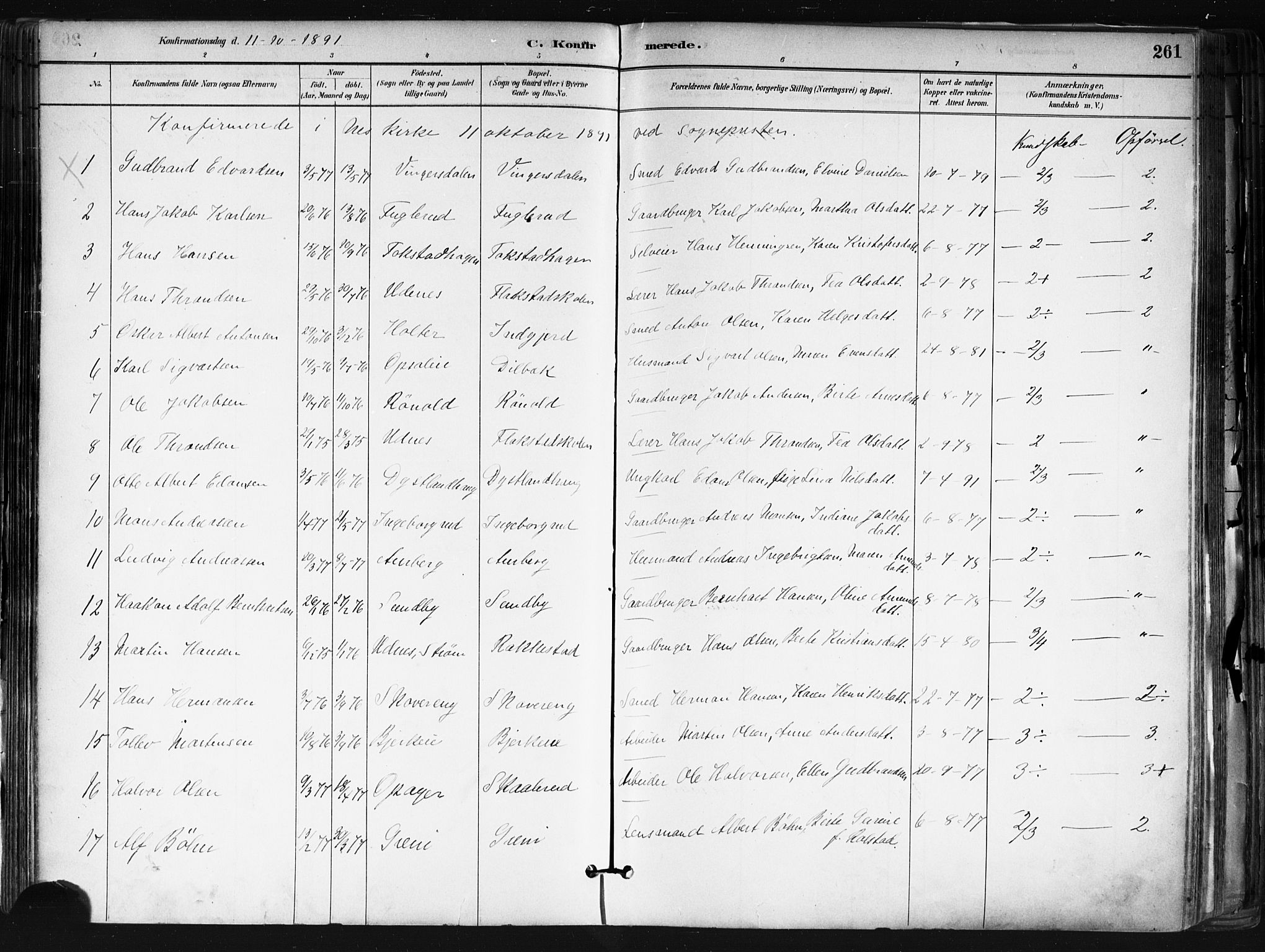 Nes prestekontor Kirkebøker, SAO/A-10410/F/Fa/L0010: Parish register (official) no. I 10, 1883-1898, p. 261