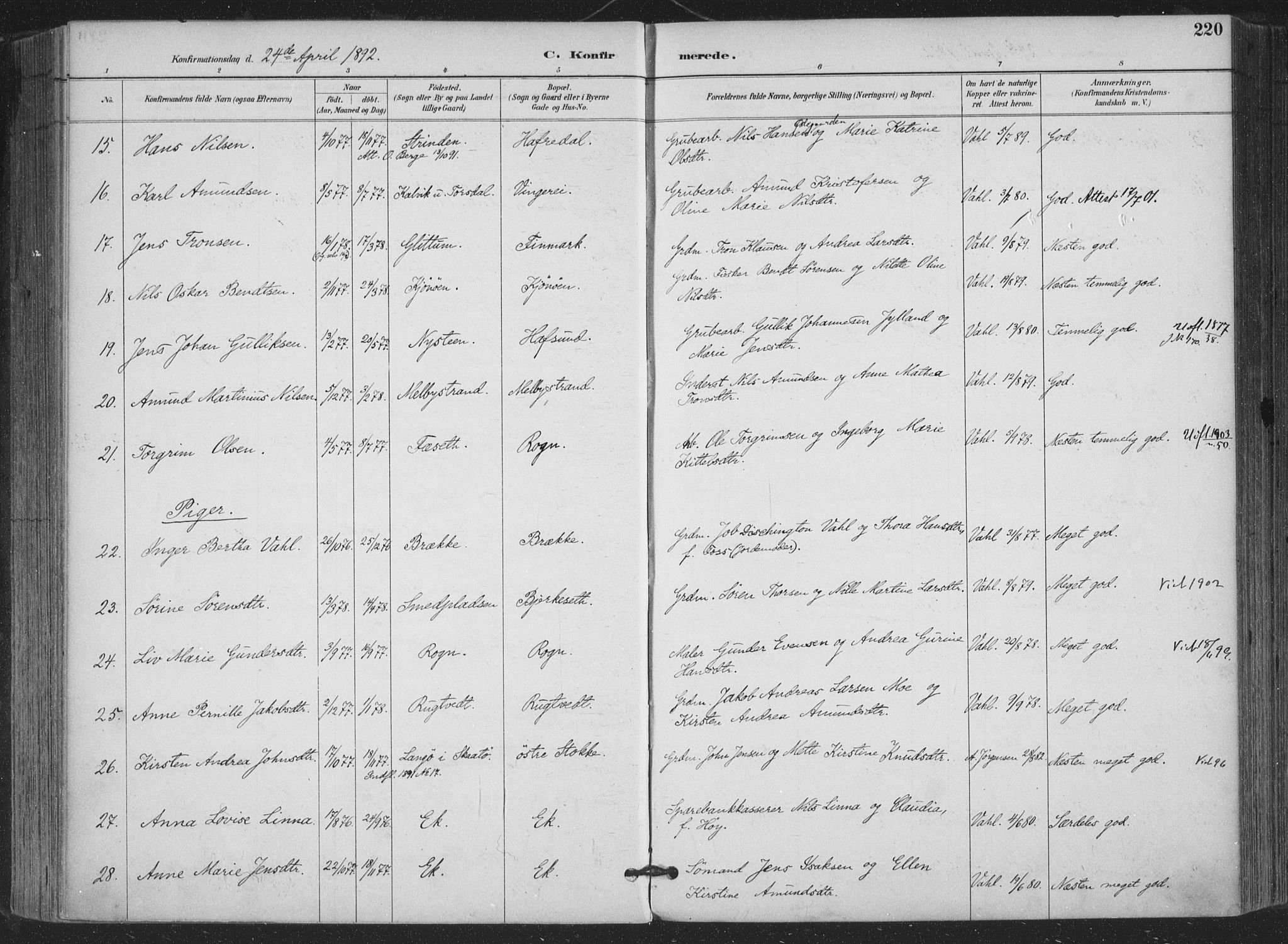 Bamble kirkebøker, AV/SAKO-A-253/F/Fa/L0008: Parish register (official) no. I 8, 1888-1900, p. 220