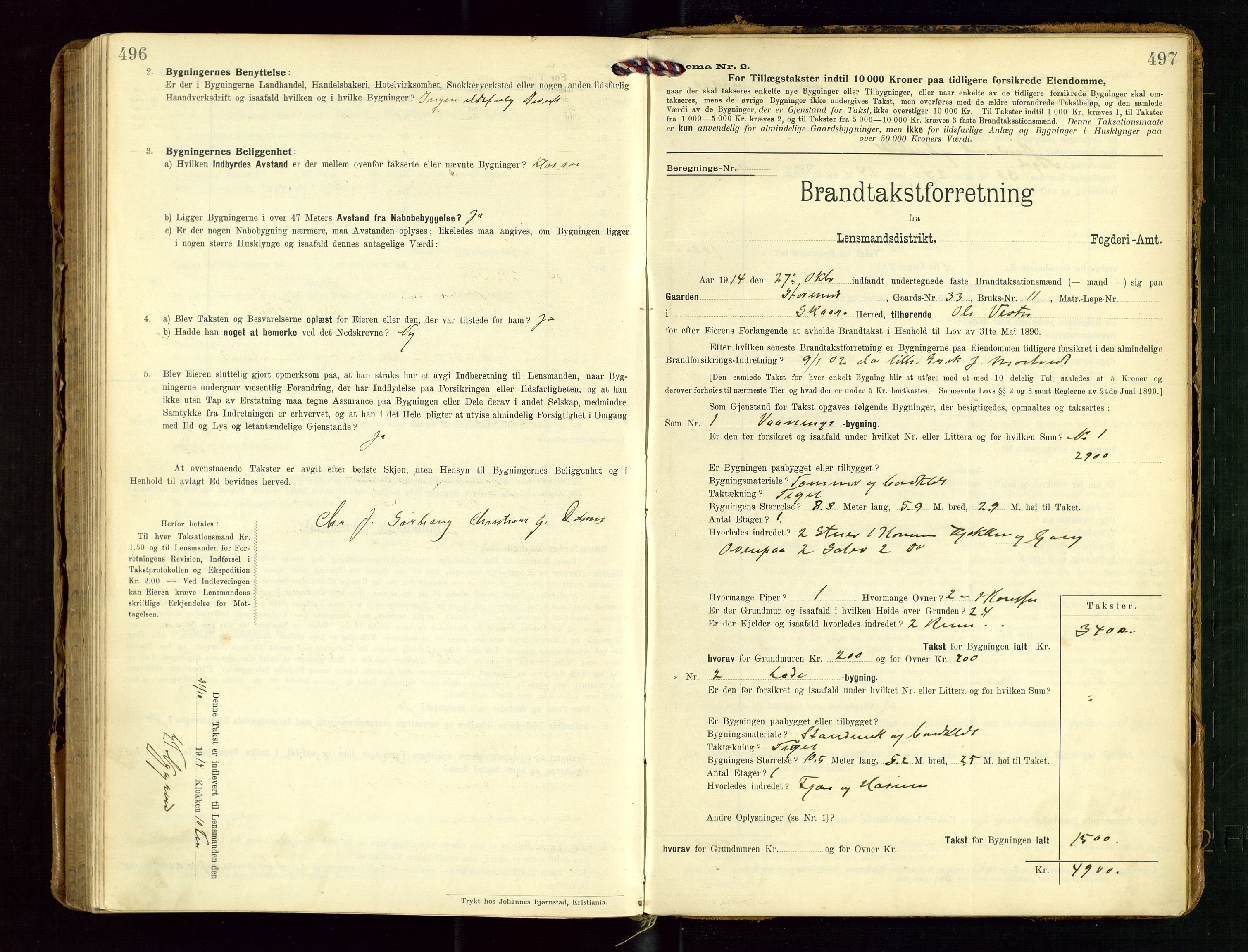 Torvestad lensmannskontor, SAST/A-100307/1/Gob/L0004: "Brandtaxationsprotokol for Torvestad Lensmannsdistrikt", 1909-1923, p. 496-497