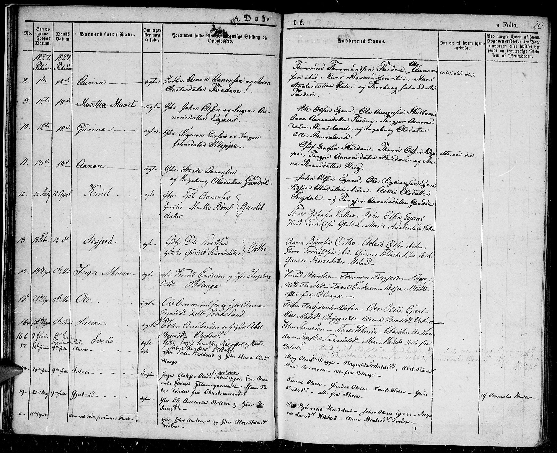 Hægebostad sokneprestkontor, AV/SAK-1111-0024/F/Fa/Fab/L0001: Parish register (official) no. A 1, 1823-1867, p. 20