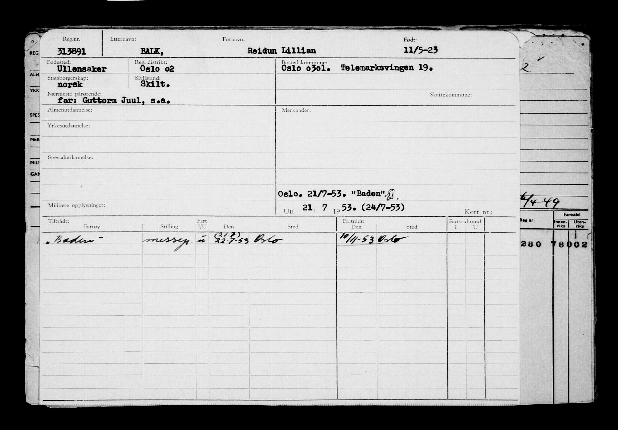 Direktoratet for sjømenn, RA/S-3545/G/Gb/L0219: Hovedkort, 1923, p. 1