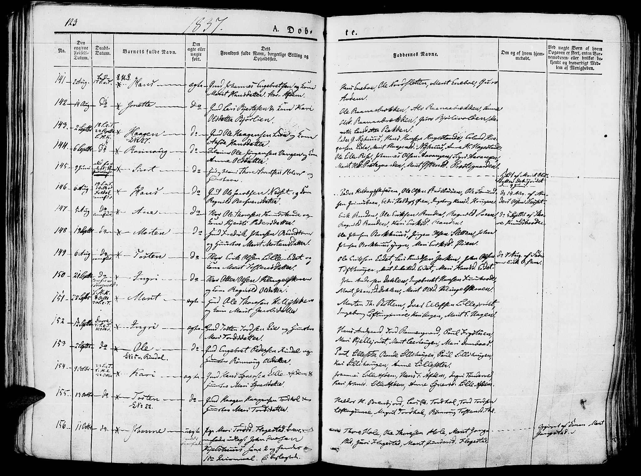 Lesja prestekontor, SAH/PREST-068/H/Ha/Haa/L0005: Parish register (official) no. 5, 1830-1842, p. 123