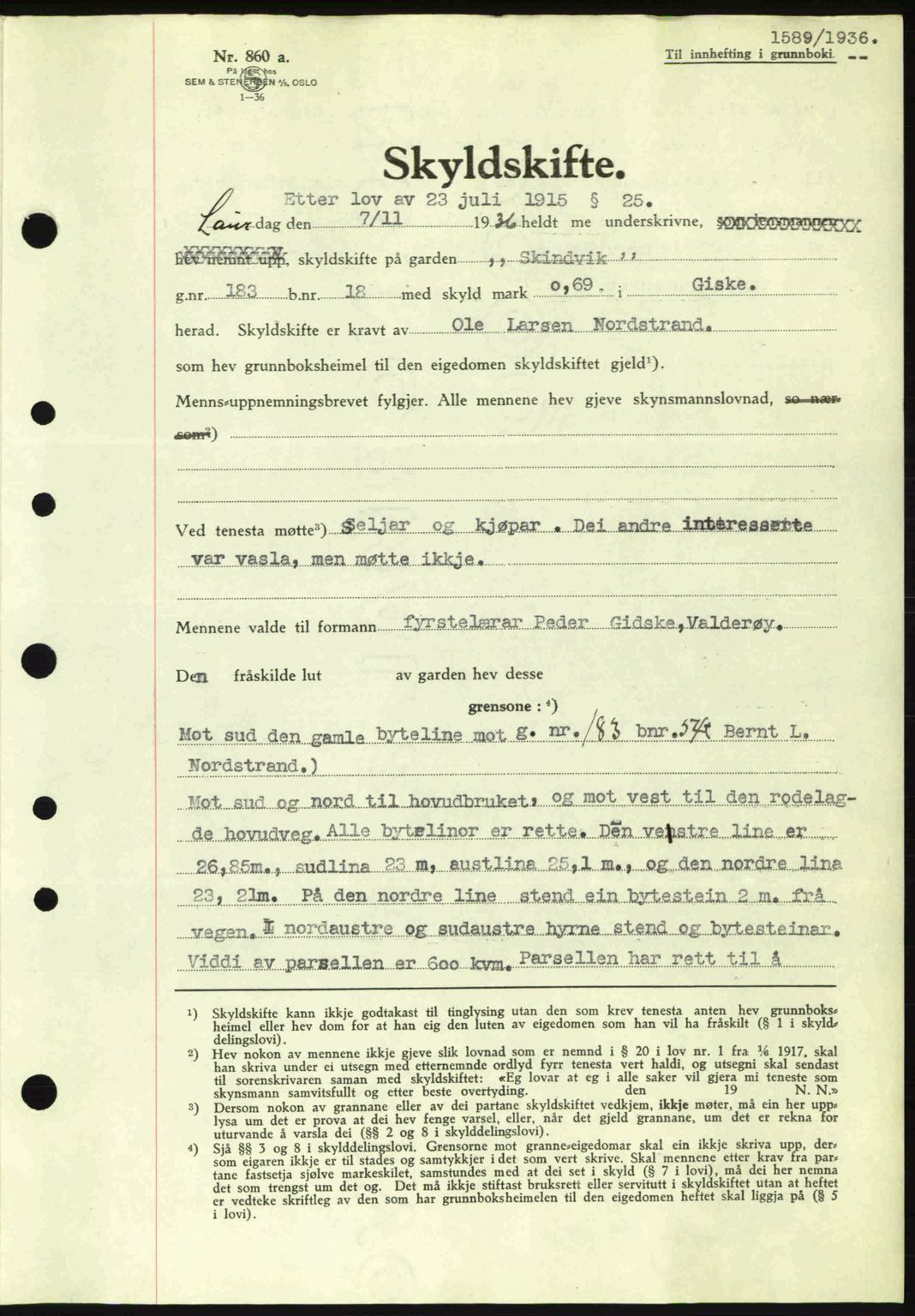 Nordre Sunnmøre sorenskriveri, AV/SAT-A-0006/1/2/2C/2Ca: Mortgage book no. A2, 1936-1937, Diary no: : 1589/1936