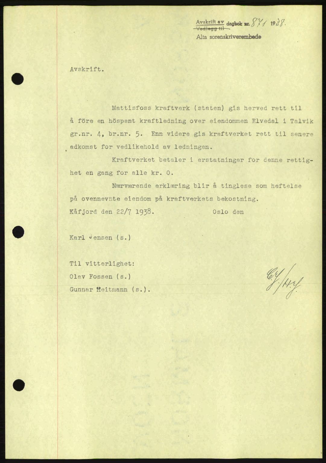 Alta fogderi/sorenskriveri, SATØ/SATØ-5/1/K/Kd/L0031pantebok: Mortgage book no. 31, 1938-1939, Diary no: : 871/1938