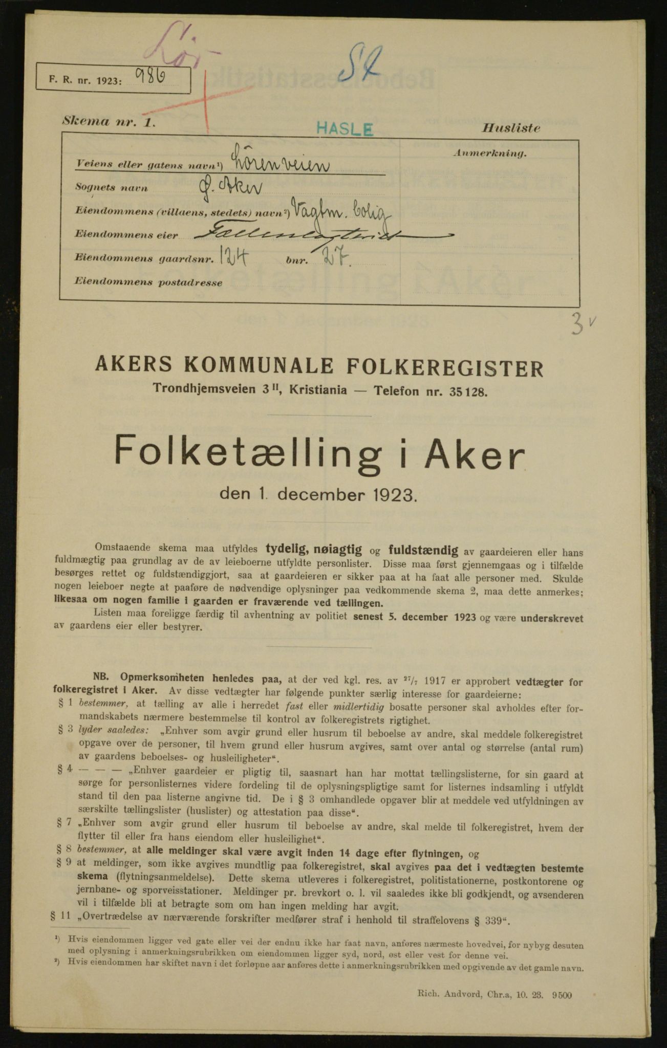 , Municipal Census 1923 for Aker, 1923, p. 28839