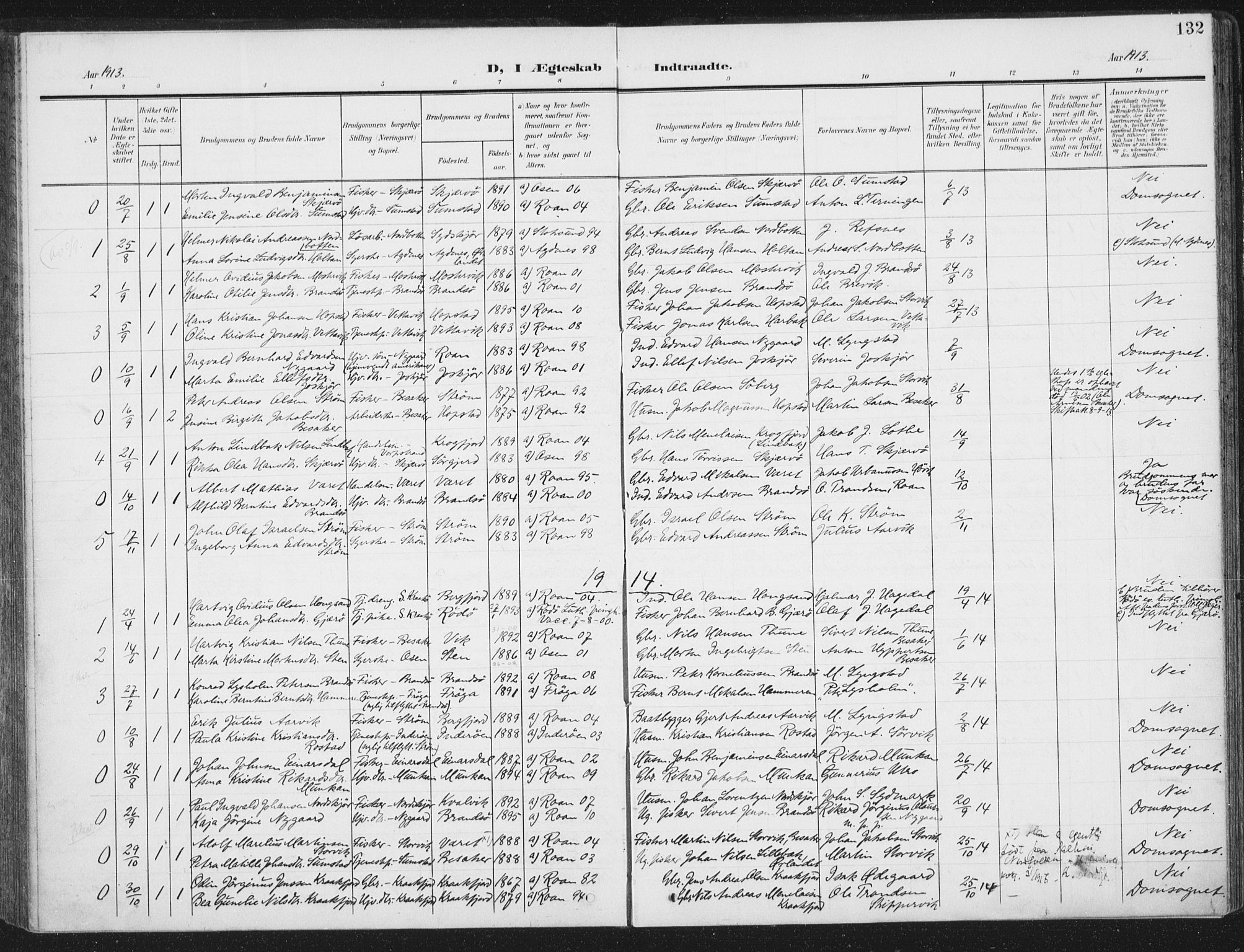 Ministerialprotokoller, klokkerbøker og fødselsregistre - Sør-Trøndelag, SAT/A-1456/657/L0709: Parish register (official) no. 657A10, 1905-1919, p. 132