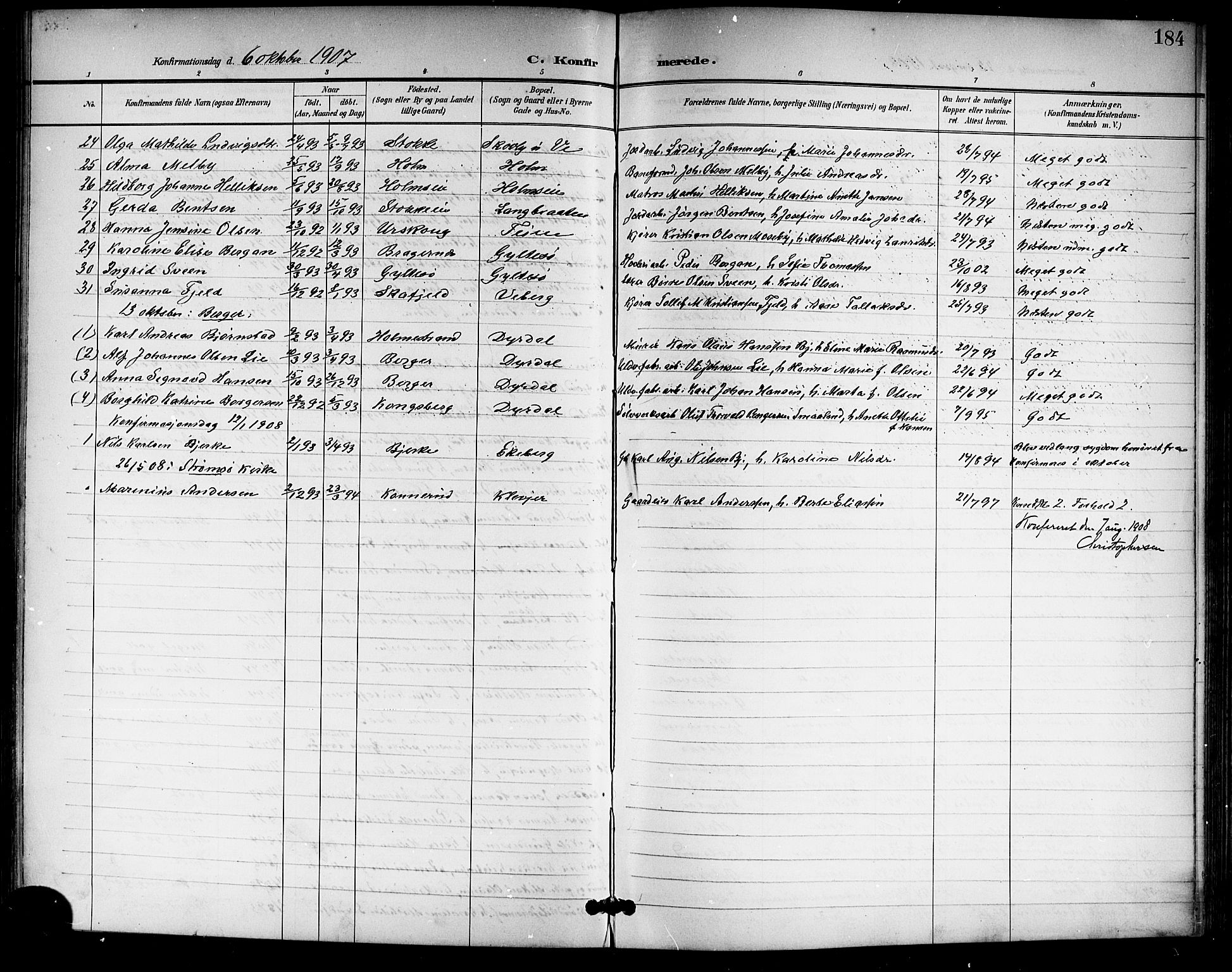 Sande Kirkebøker, SAKO/A-53/G/Ga/L0004: Parish register (copy) no. 4, 1895-1918, p. 184