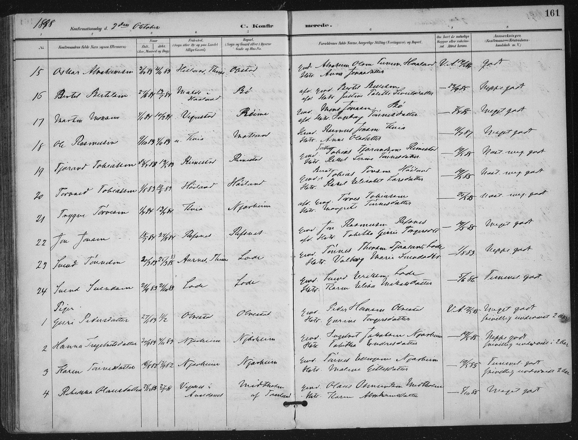 Hå sokneprestkontor, SAST/A-101801/002/B/L0001: Parish register (official) no. A 11, 1897-1924, p. 161