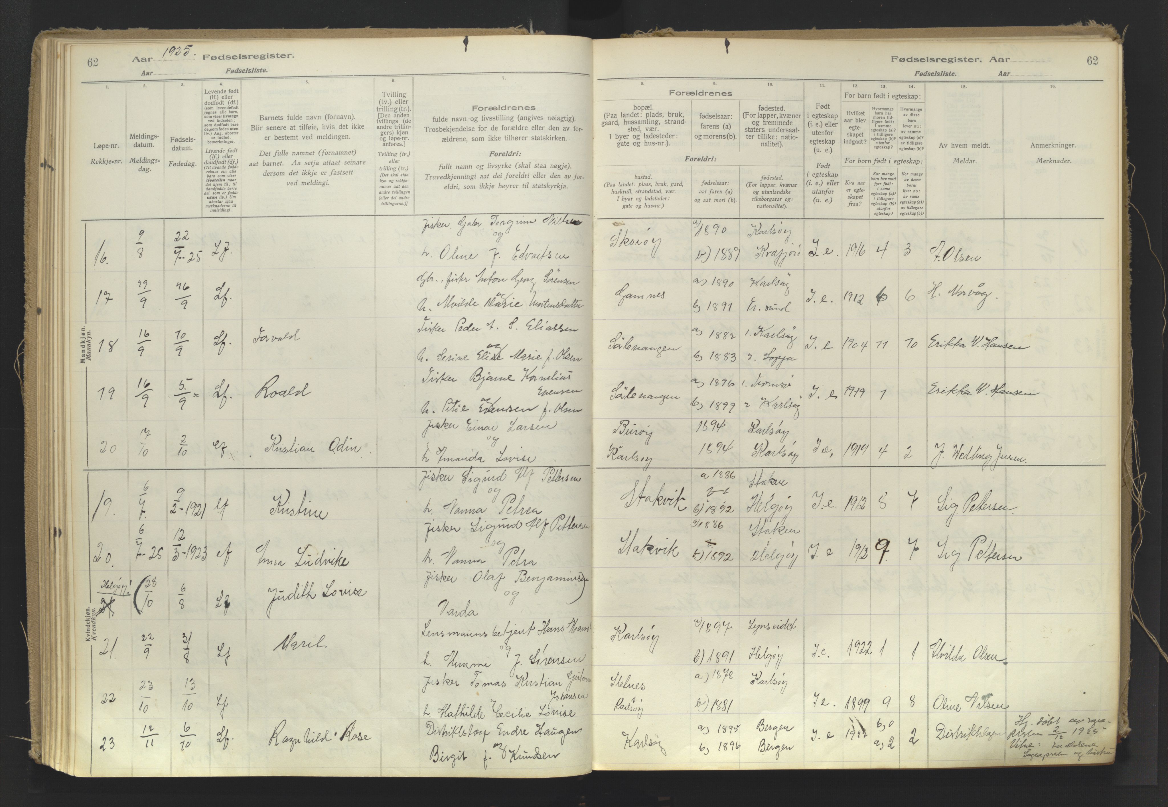 Karlsøy sokneprestembete, AV/SATØ-S-1299/I/Ic/L0064: Birth register no. 64, 1916-1943, p. 62