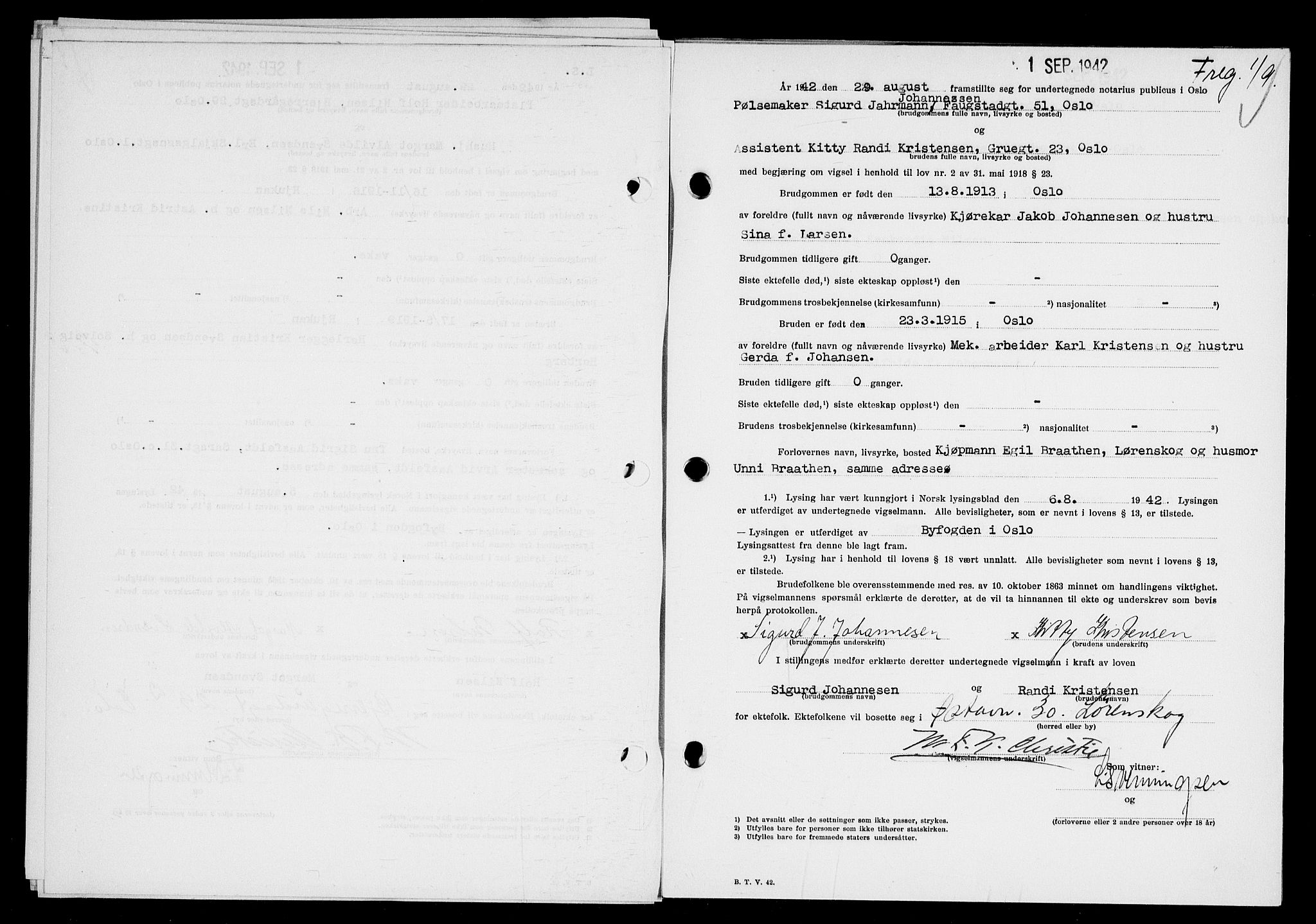 Oslo byfogd avd. I, AV/SAO-A-10220/L/Lb/Lbb/L0041: Notarialprotokoll, rekke II: Vigsler, 1942