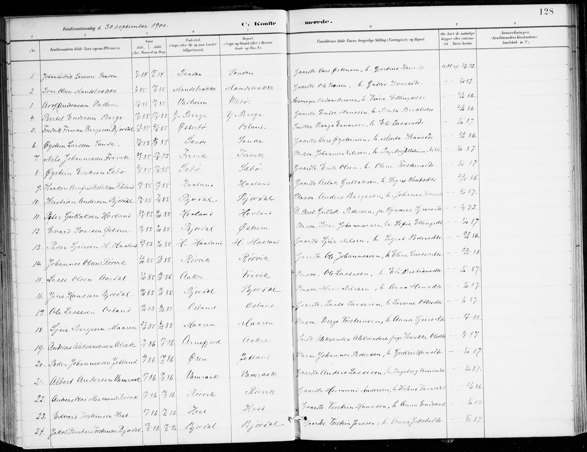 Lavik sokneprestembete, AV/SAB-A-80901: Parish register (official) no. C 1, 1882-1904, p. 128