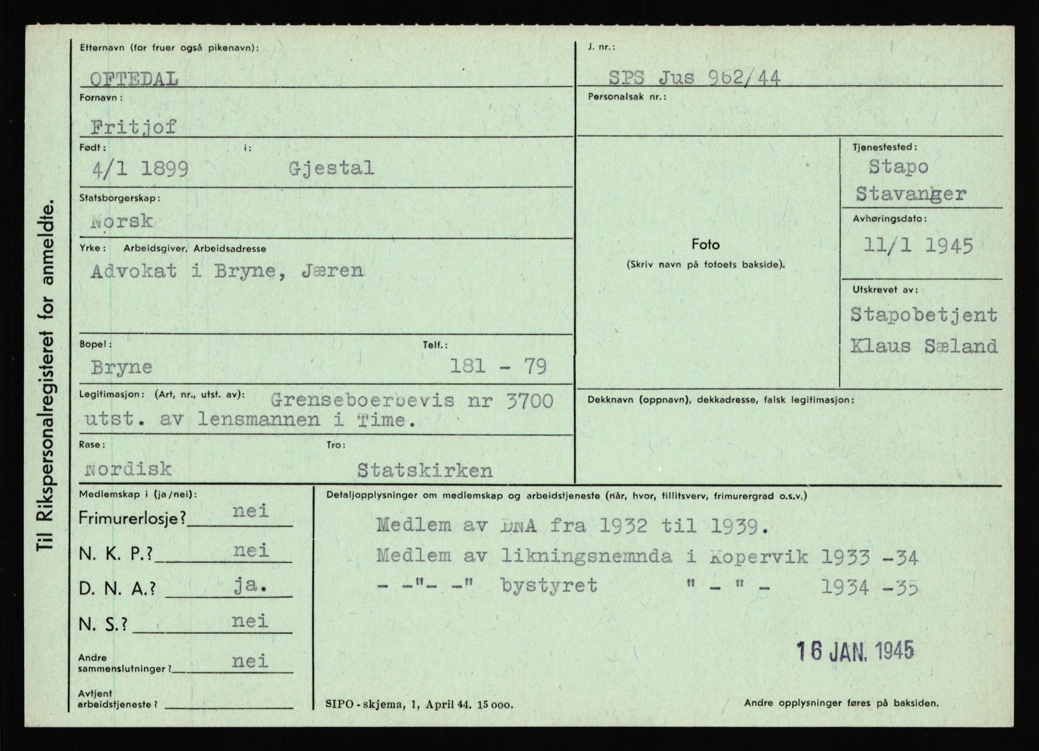 Statspolitiet - Hovedkontoret / Osloavdelingen, AV/RA-S-1329/C/Ca/L0012: Oanæs - Quistgaard	, 1943-1945, p. 118