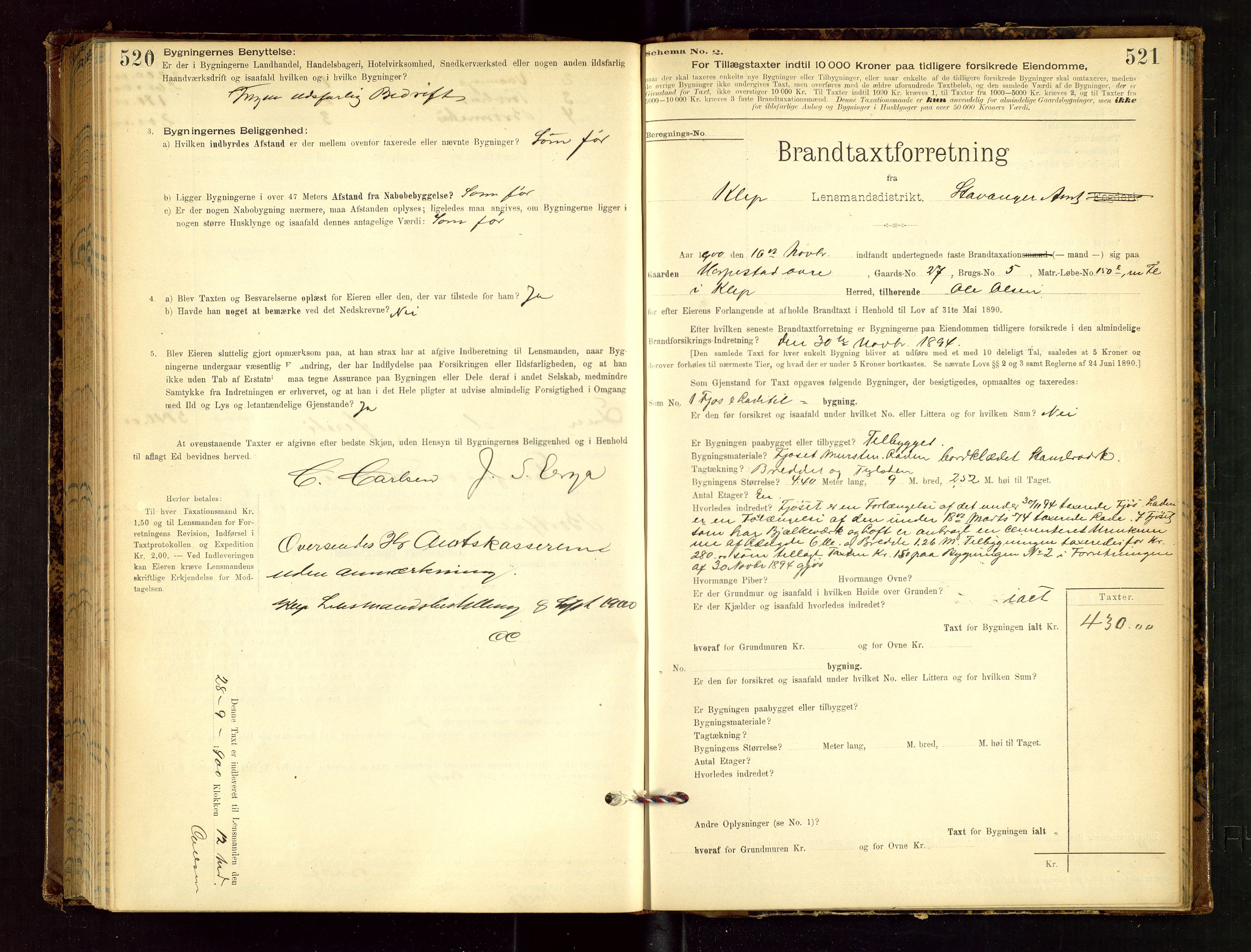 Klepp lensmannskontor, AV/SAST-A-100163/Goc/L0002: "Brandtaxationsprotokol" m/register, 1898-1902, p. 520-521