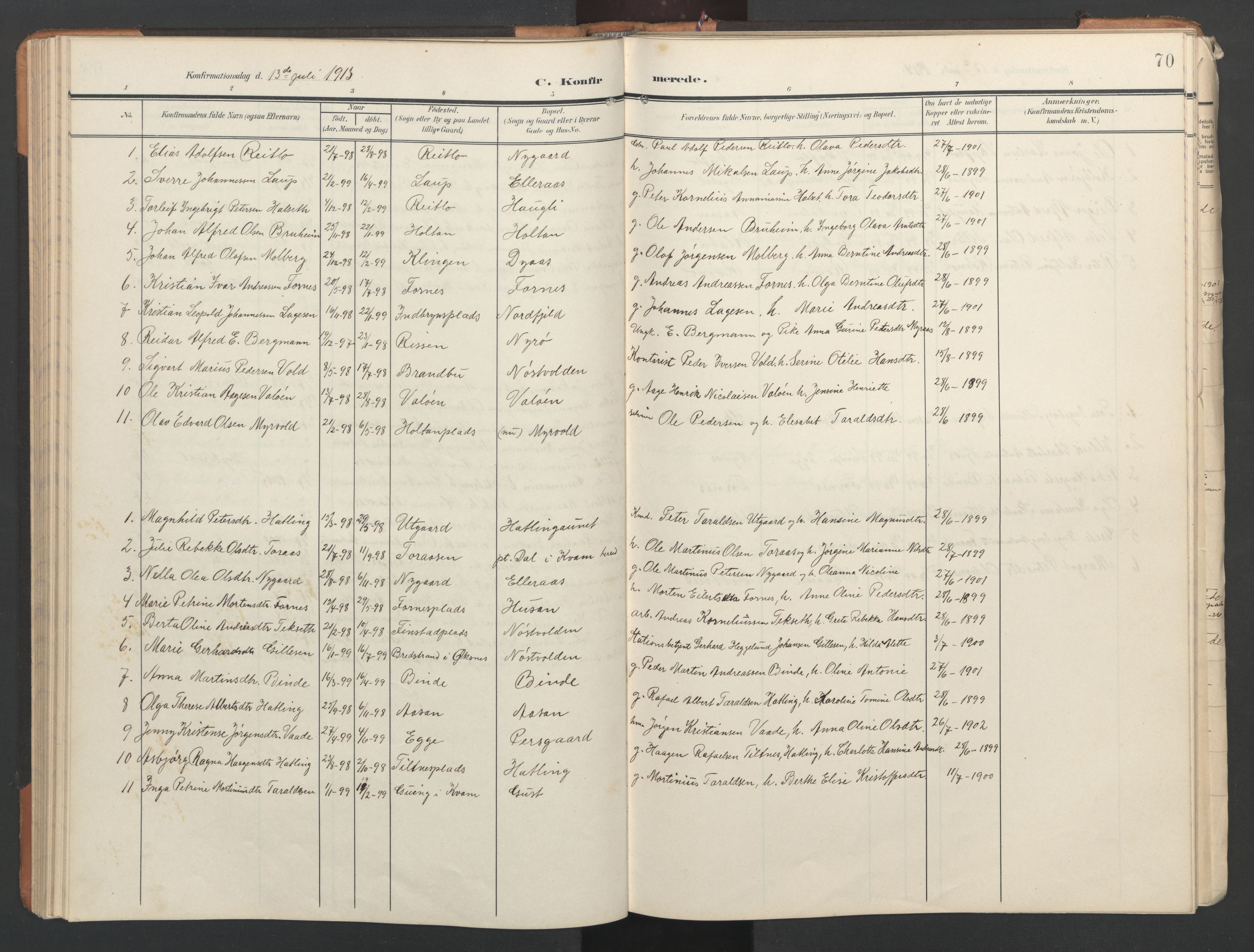 Ministerialprotokoller, klokkerbøker og fødselsregistre - Nord-Trøndelag, SAT/A-1458/746/L0455: Parish register (copy) no. 746C01, 1908-1933, p. 70