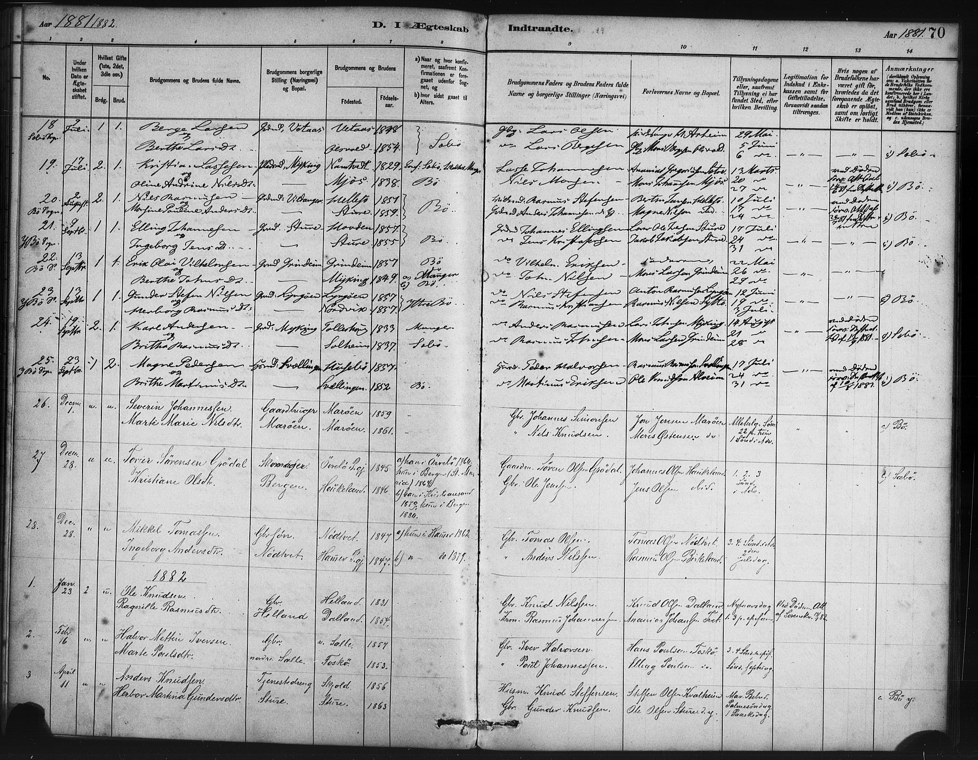 Manger sokneprestembete, SAB/A-76801/H/Haa: Parish register (official) no. B 1, 1881-1892, p. 70