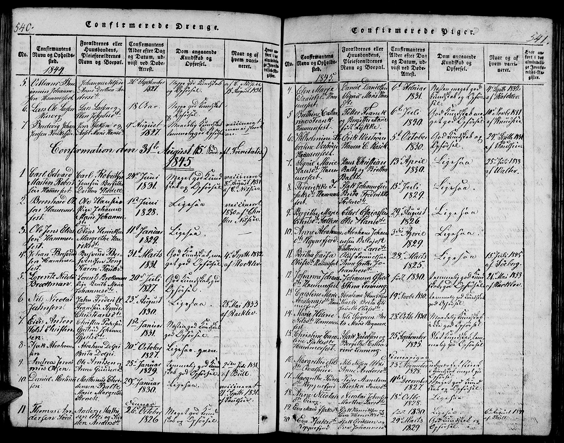 Hammerfest sokneprestkontor, AV/SATØ-S-1347/H/Hb/L0001.klokk: Parish register (copy) no. 1, 1822-1850, p. 540-541