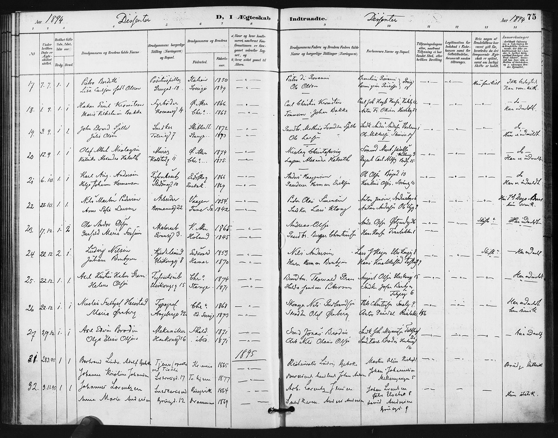 Kampen prestekontor Kirkebøker, AV/SAO-A-10853/F/Fa/L0006: Parish register (official) no. I 6, 1889-1896, p. 75