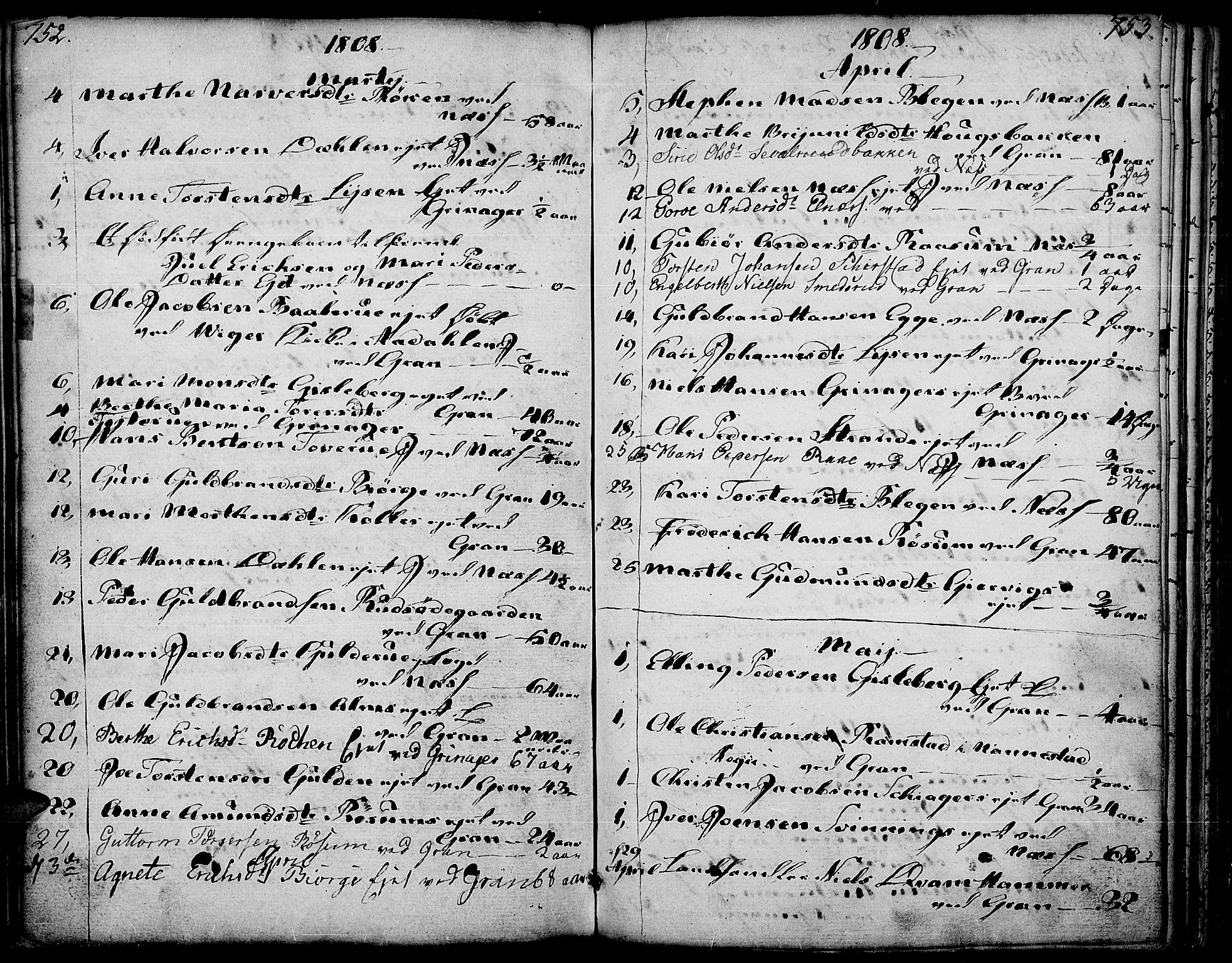 Gran prestekontor, SAH/PREST-112/H/Ha/Haa/L0006: Parish register (official) no. 6, 1787-1824, p. 752-753