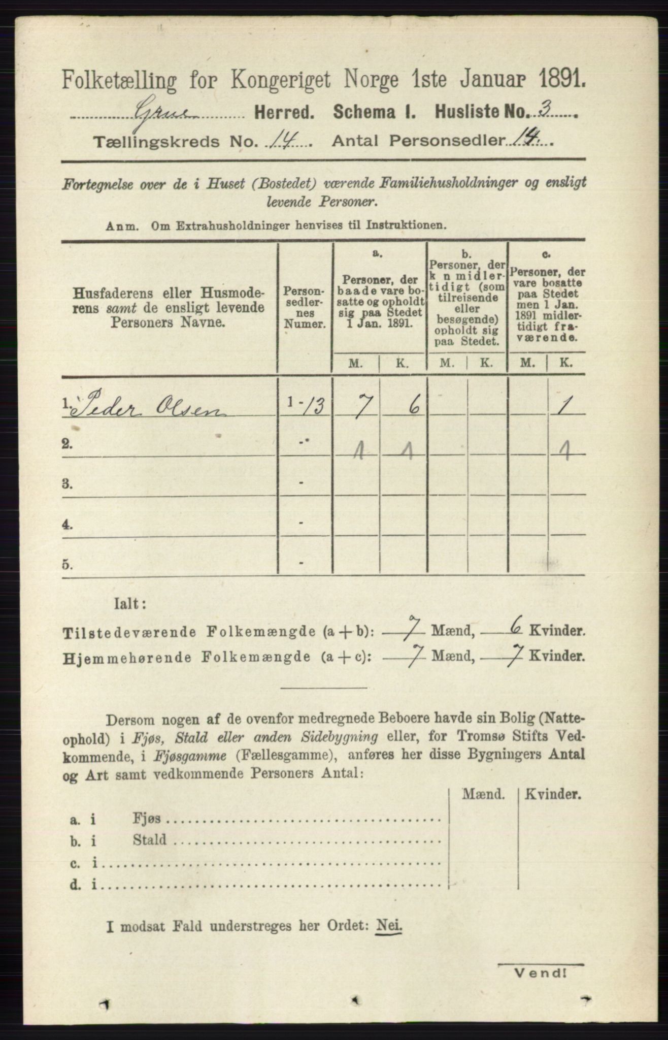 RA, 1891 census for 0423 Grue, 1891, p. 6987