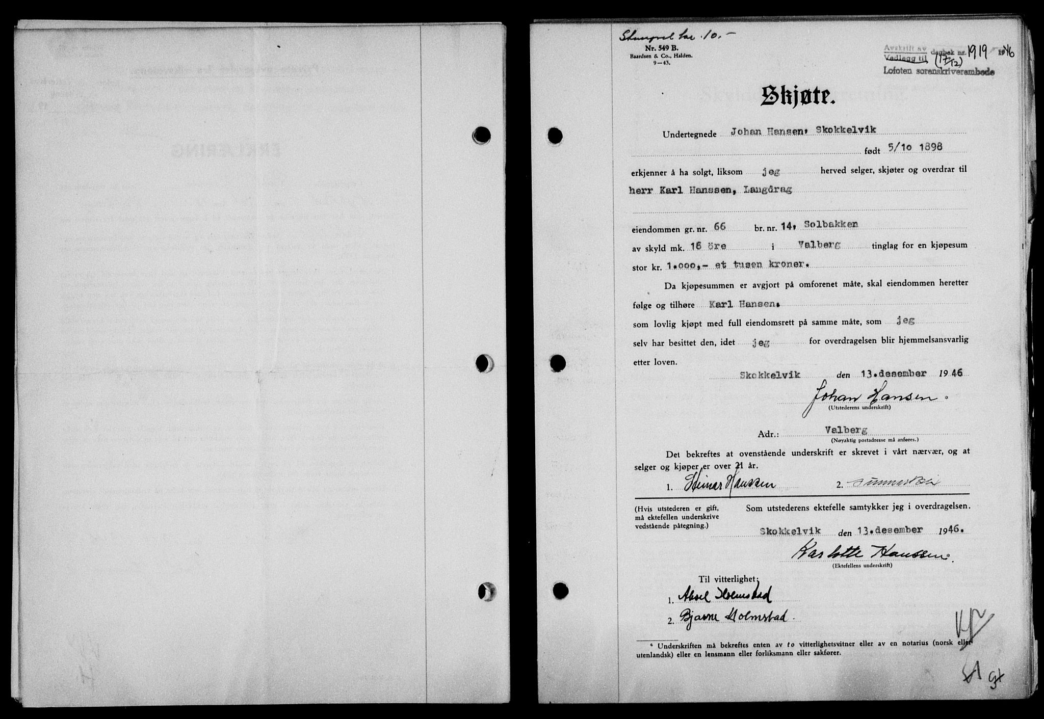 Lofoten sorenskriveri, SAT/A-0017/1/2/2C/L0015a: Mortgage book no. 15a, 1946-1947, Diary no: : 1919/1946