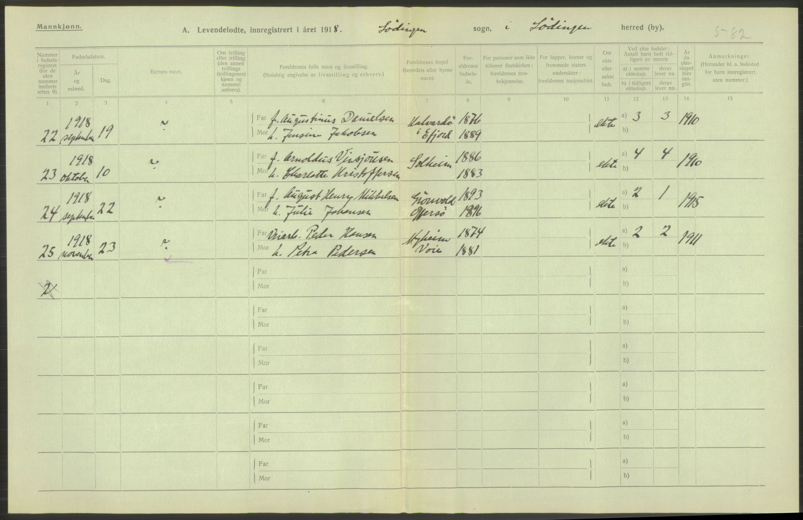 Statistisk sentralbyrå, Sosiodemografiske emner, Befolkning, RA/S-2228/D/Df/Dfb/Dfbh/L0052: Nordland fylke: Levendefødte menn og kvinner. Bygder., 1918, p. 408