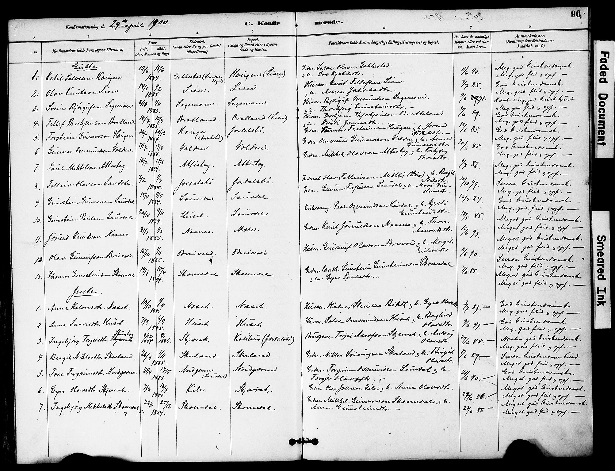 Bygland sokneprestkontor, SAK/1111-0006/F/Fa/Fab/L0007: Parish register (official) no. A 7, 1885-1909, p. 96