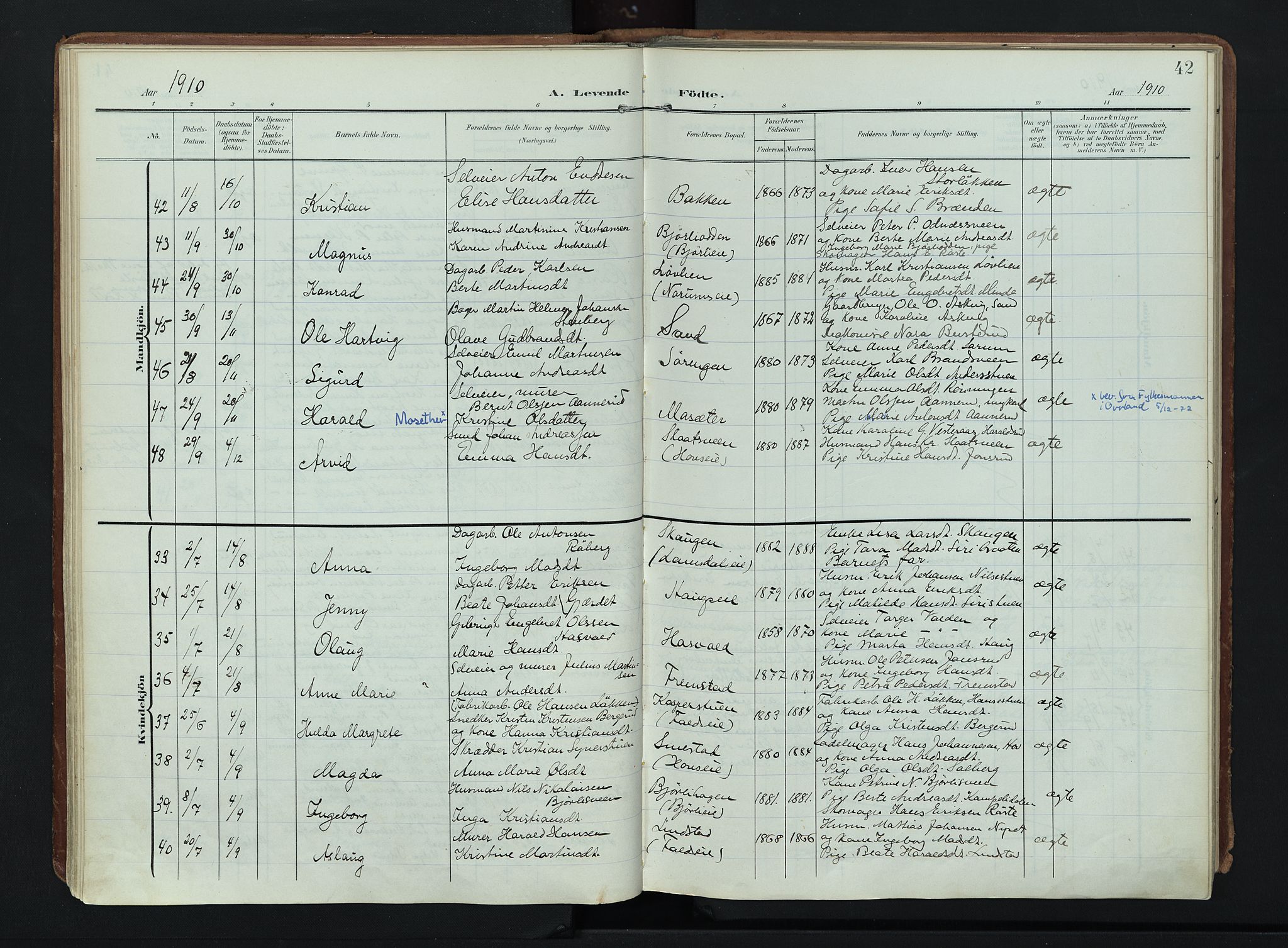 Søndre Land prestekontor, AV/SAH-PREST-122/K/L0007: Parish register (official) no. 7, 1905-1914, p. 42