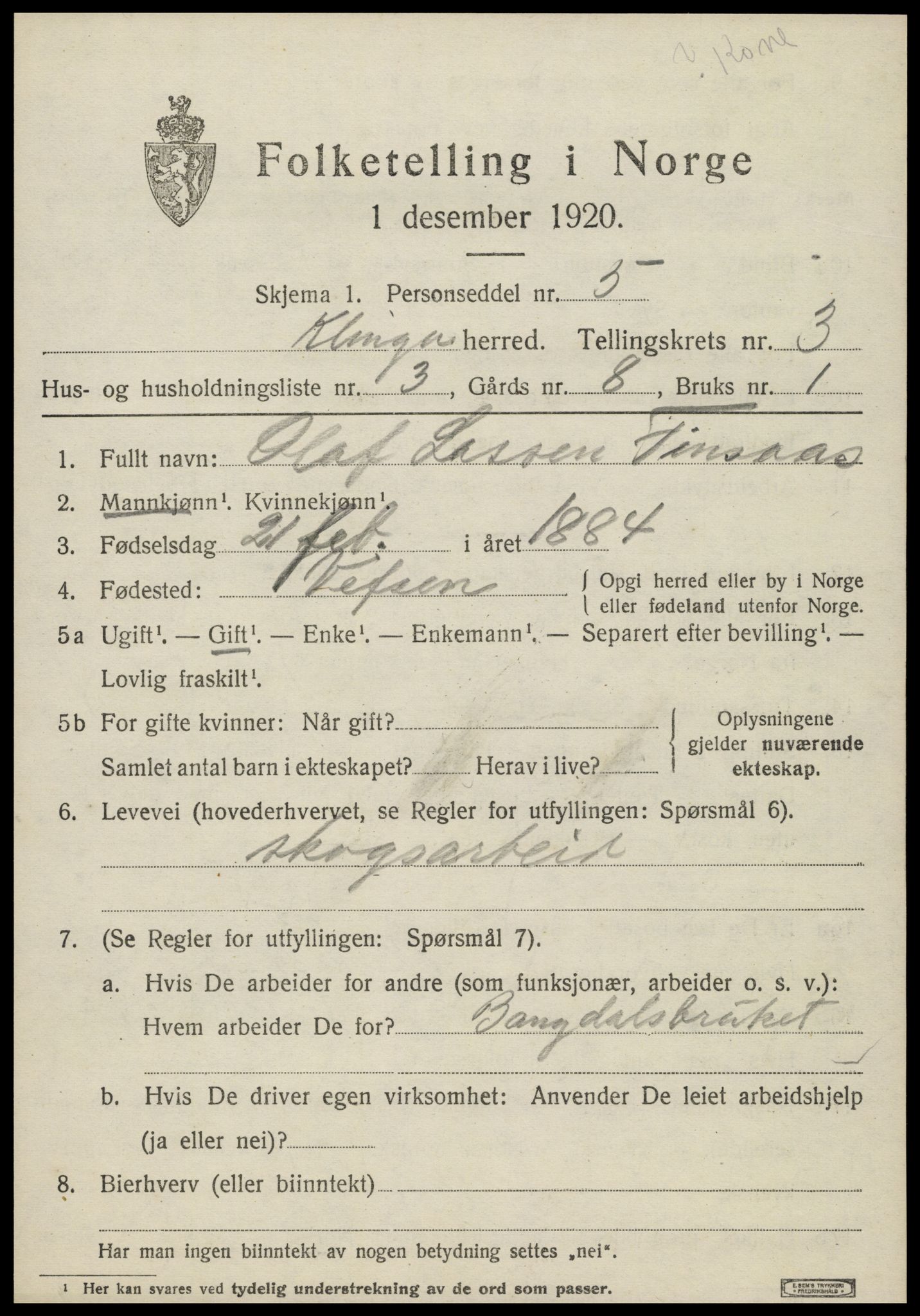 SAT, 1920 census for Klinga, 1920, p. 2093