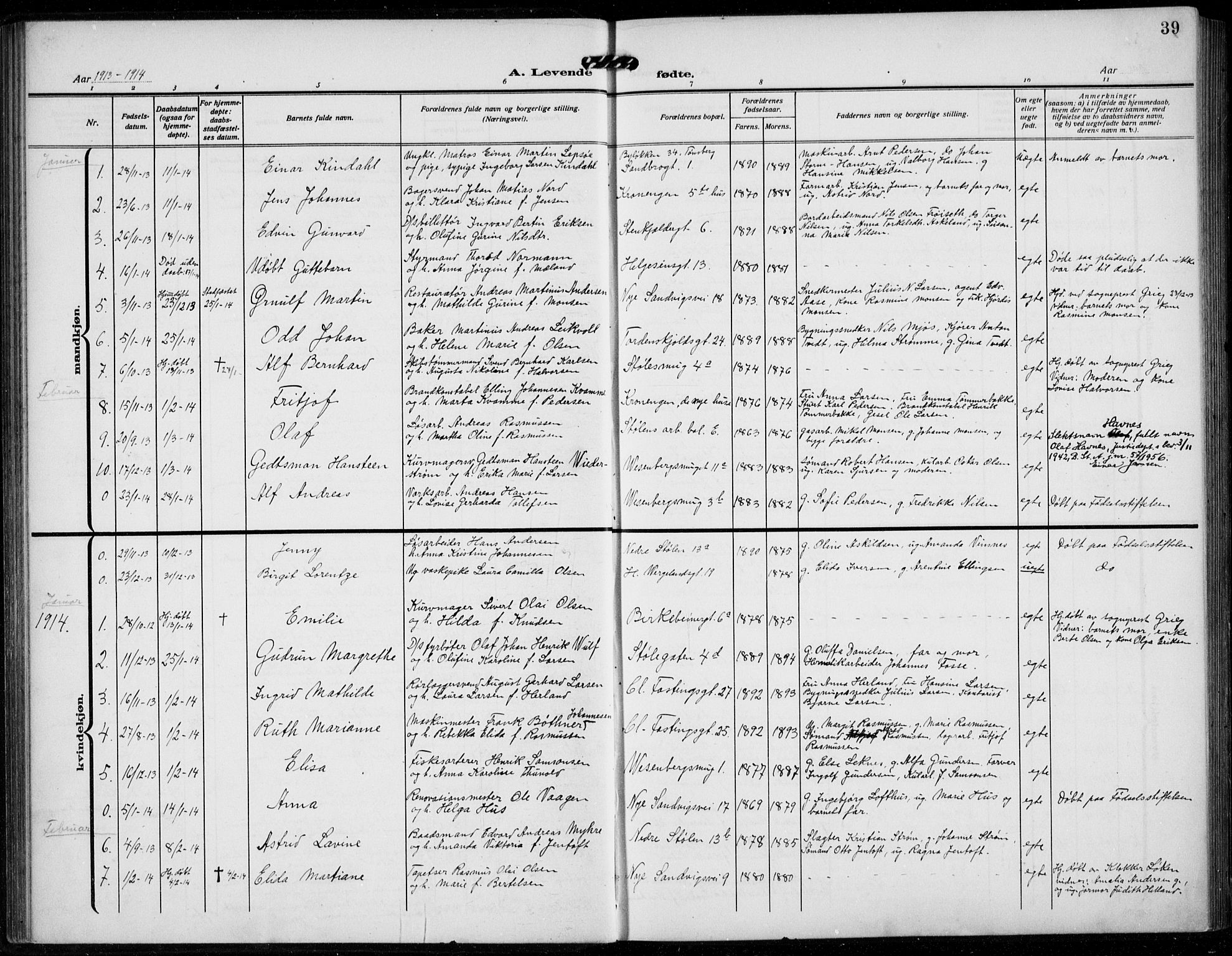 Mariakirken Sokneprestembete, SAB/A-76901/H/Hab/L0006: Parish register (copy) no. A 6, 1909-1939, p. 39