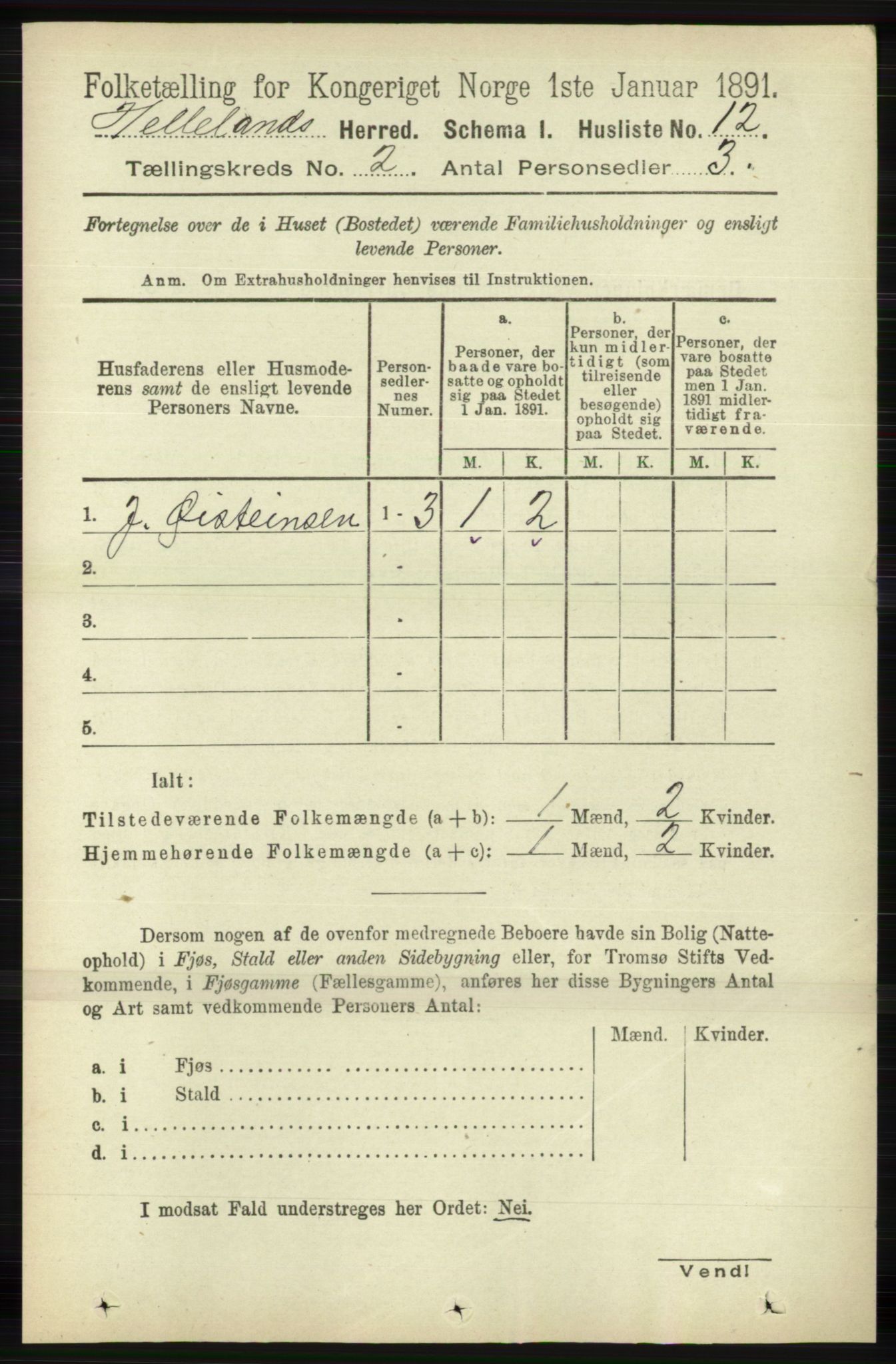 RA, 1891 census for 1115 Helleland, 1891, p. 383