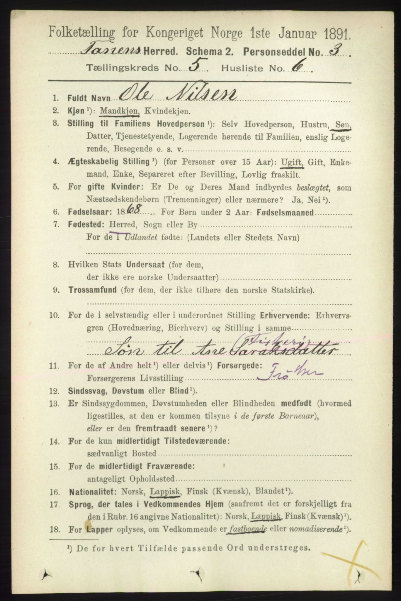 RA, 1891 census for 2025 Tana, 1891, p. 2021