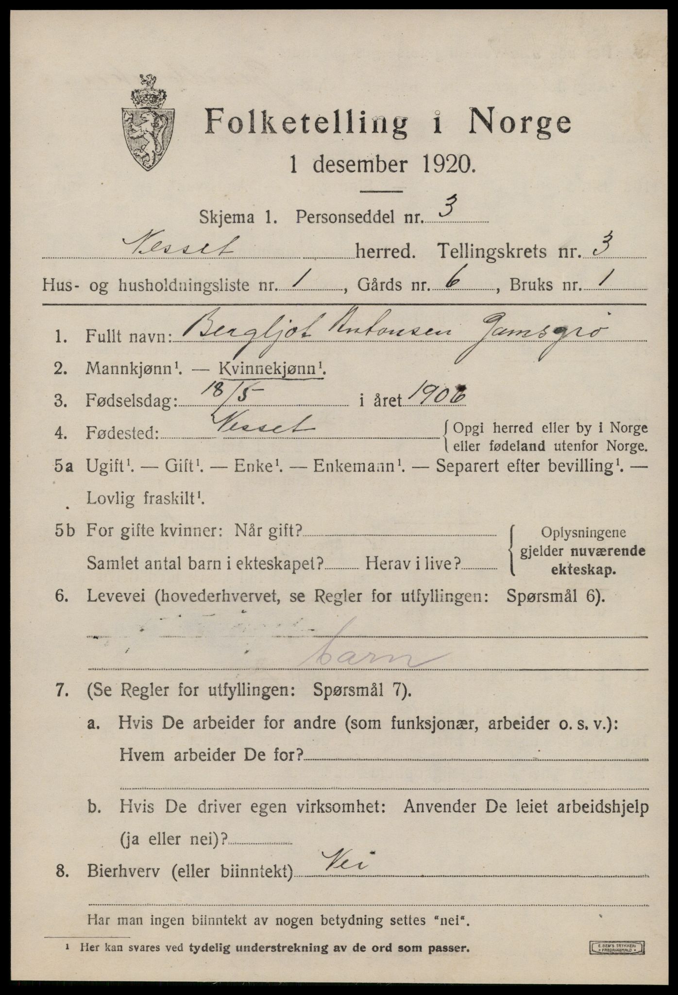 SAT, 1920 census for Nesset, 1920, p. 1294