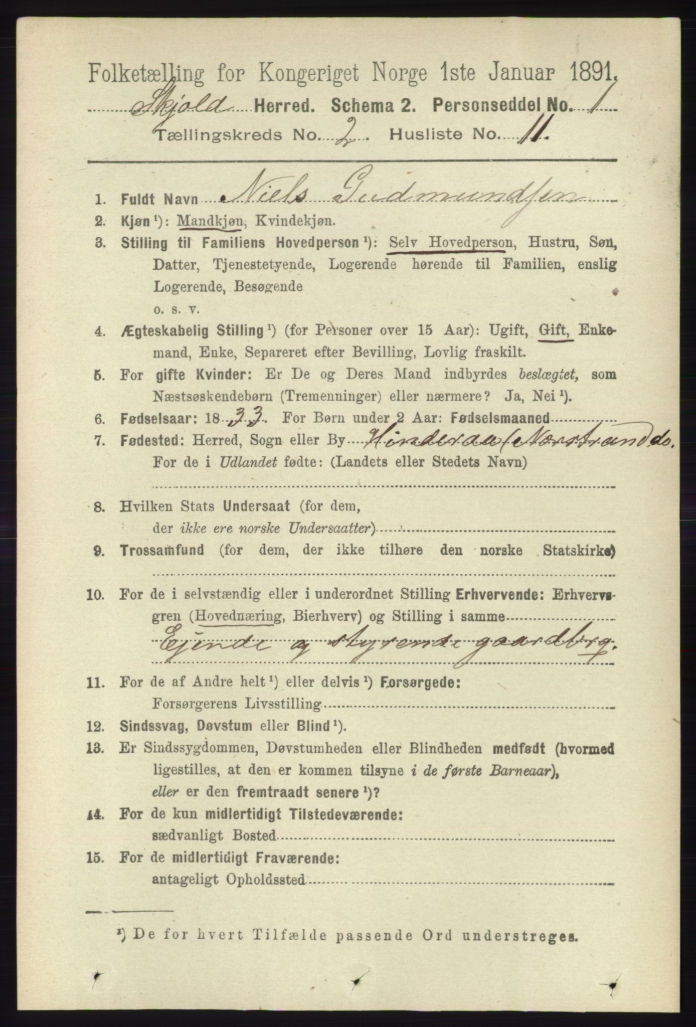 RA, 1891 census for 1154 Skjold, 1891, p. 329