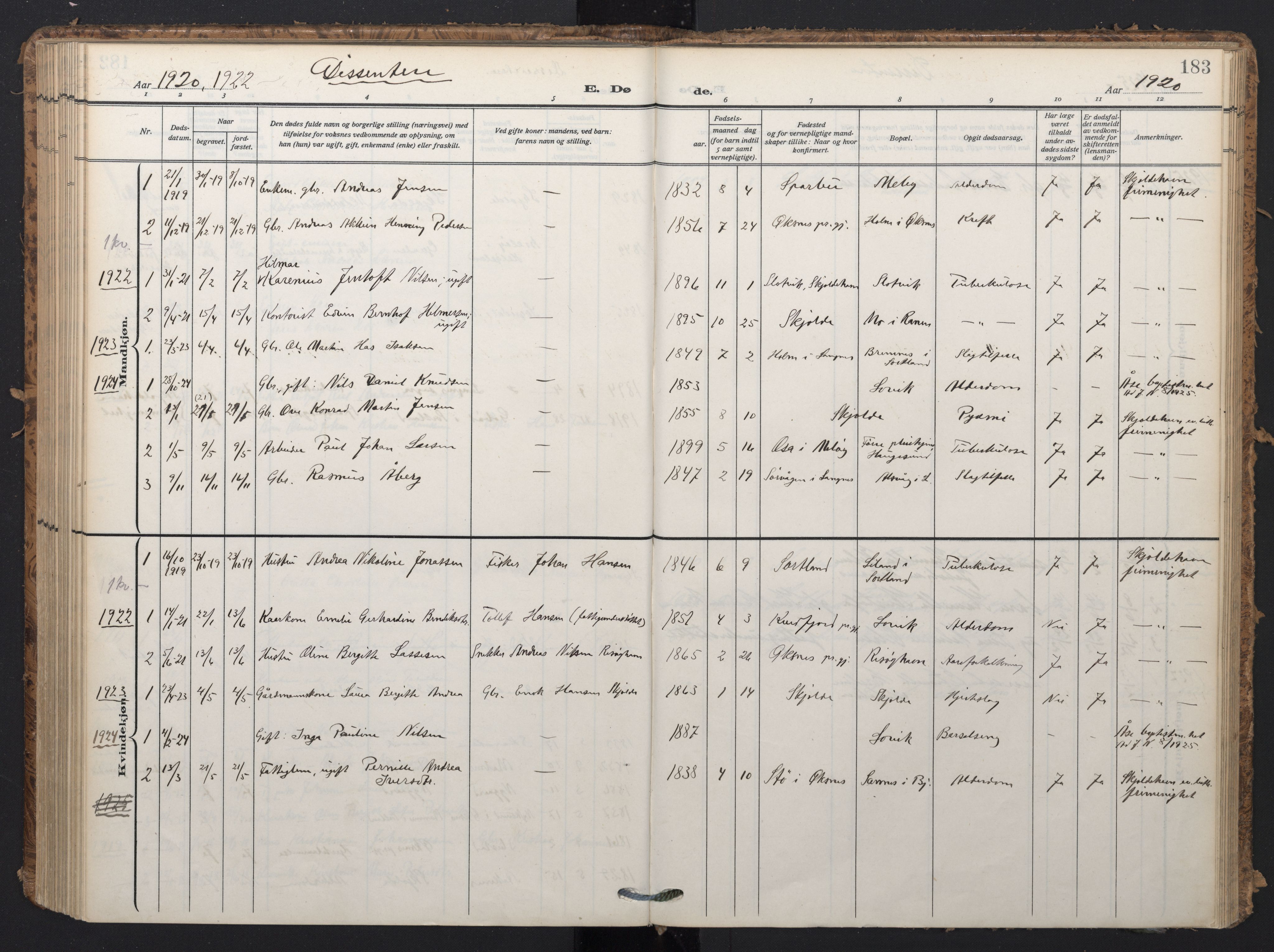 Ministerialprotokoller, klokkerbøker og fødselsregistre - Nordland, AV/SAT-A-1459/898/L1423: Parish register (official) no. 898A03, 1909-1928, p. 183