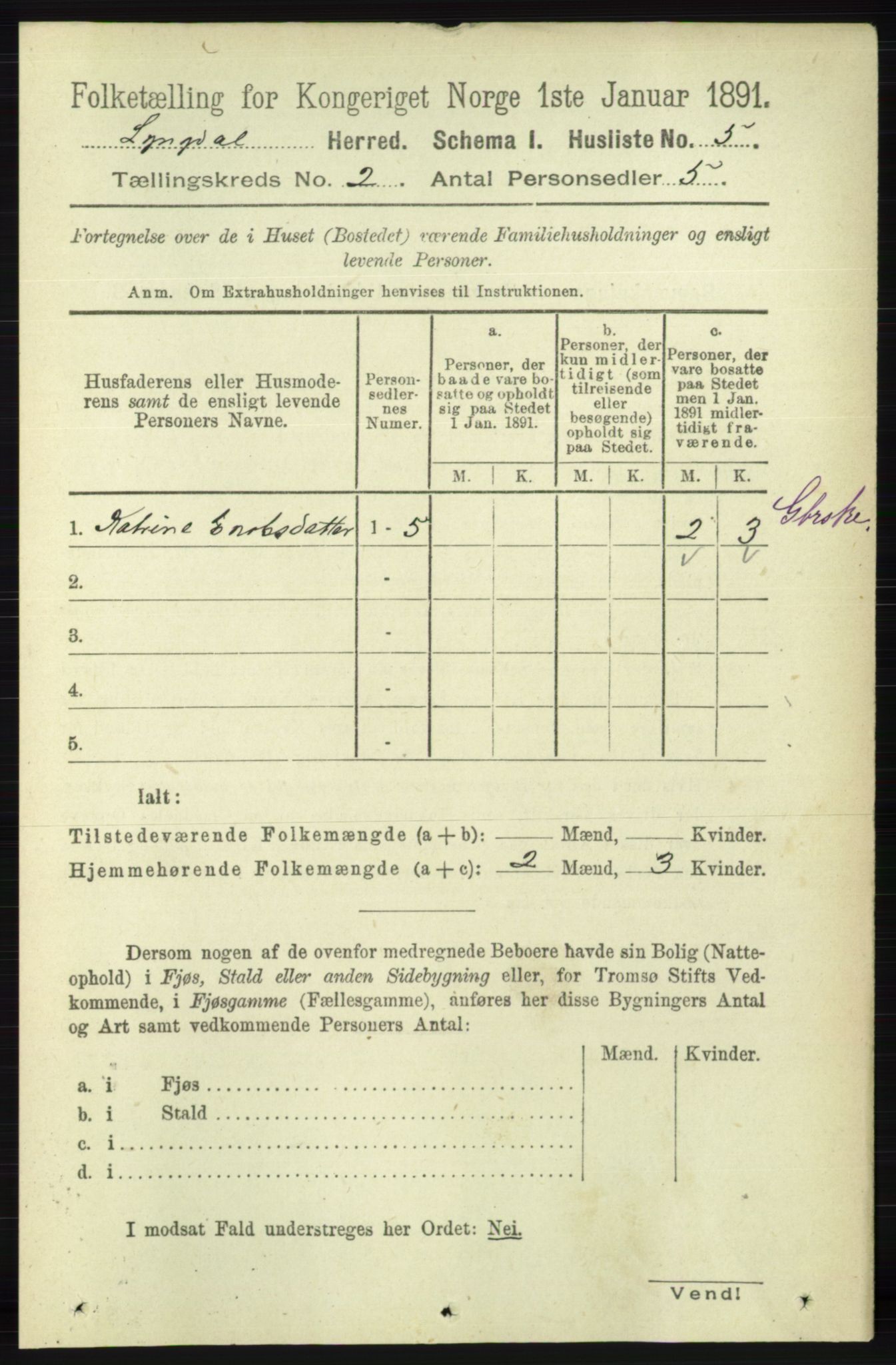 RA, 1891 census for 1032 Lyngdal, 1891, p. 458