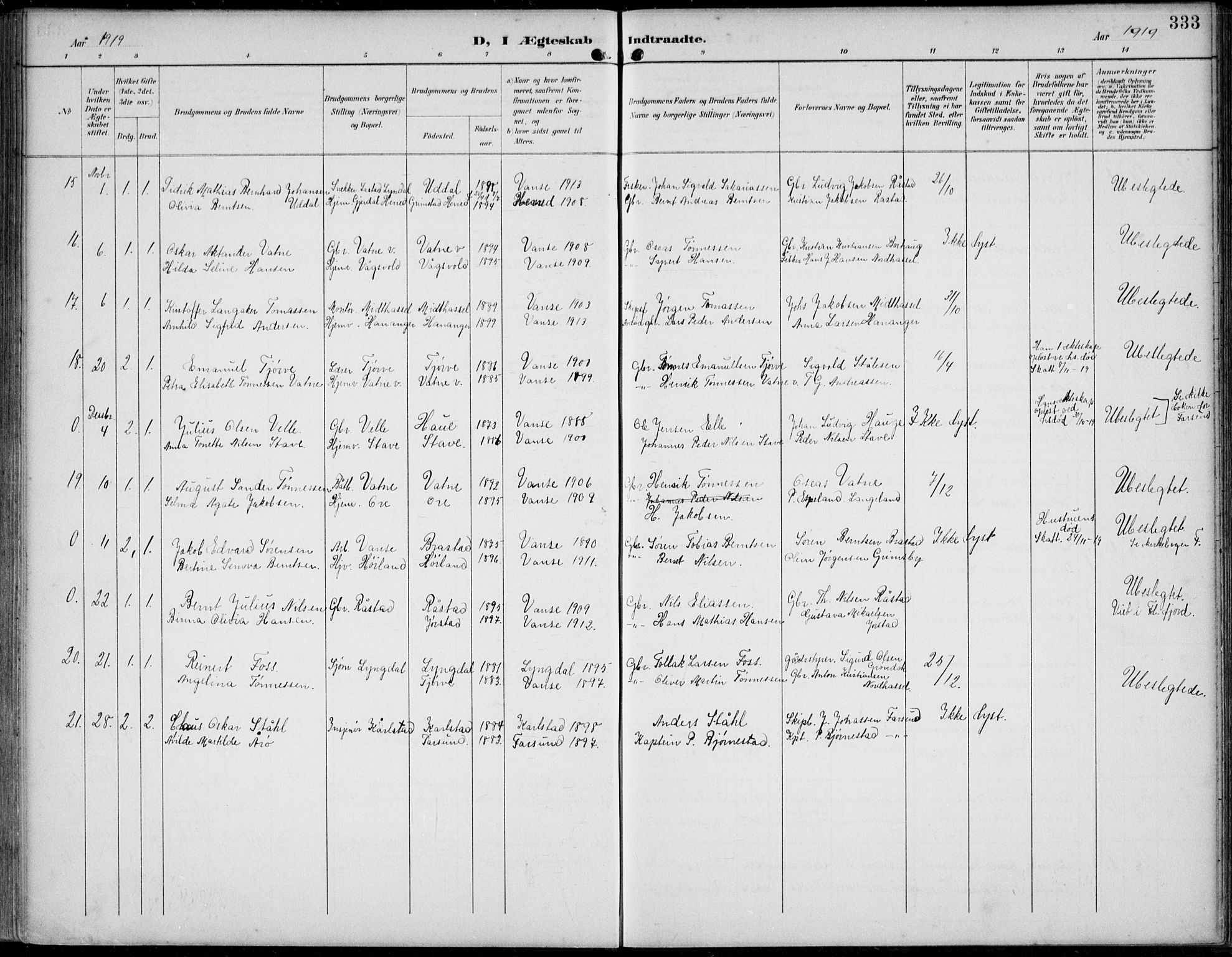 Lista sokneprestkontor, AV/SAK-1111-0027/F/Fb/L0005: Parish register (copy) no. B 5, 1892-1923, p. 333