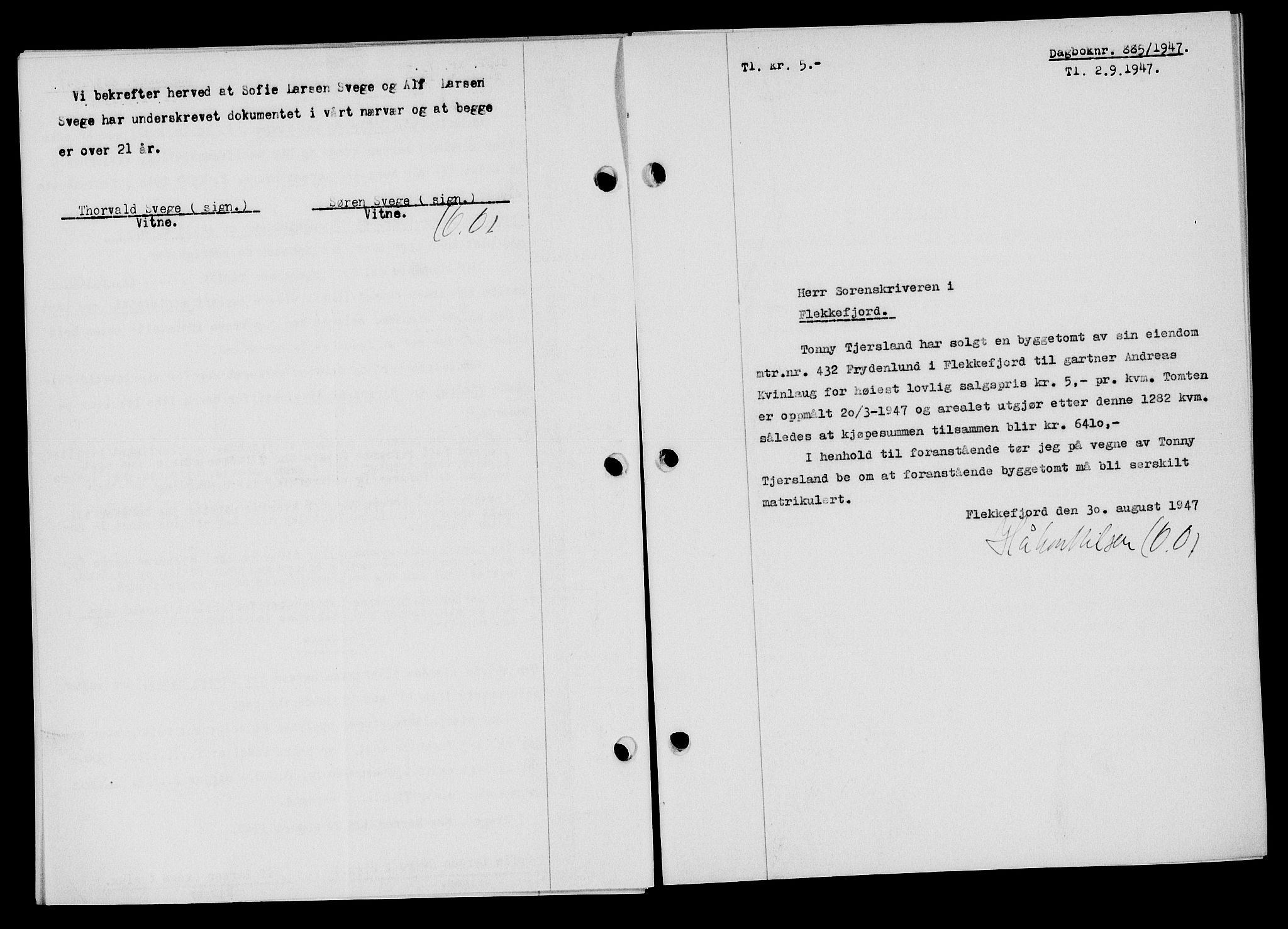 Flekkefjord sorenskriveri, SAK/1221-0001/G/Gb/Gba/L0062: Mortgage book no. A-10, 1947-1947, Diary no: : 885/1947
