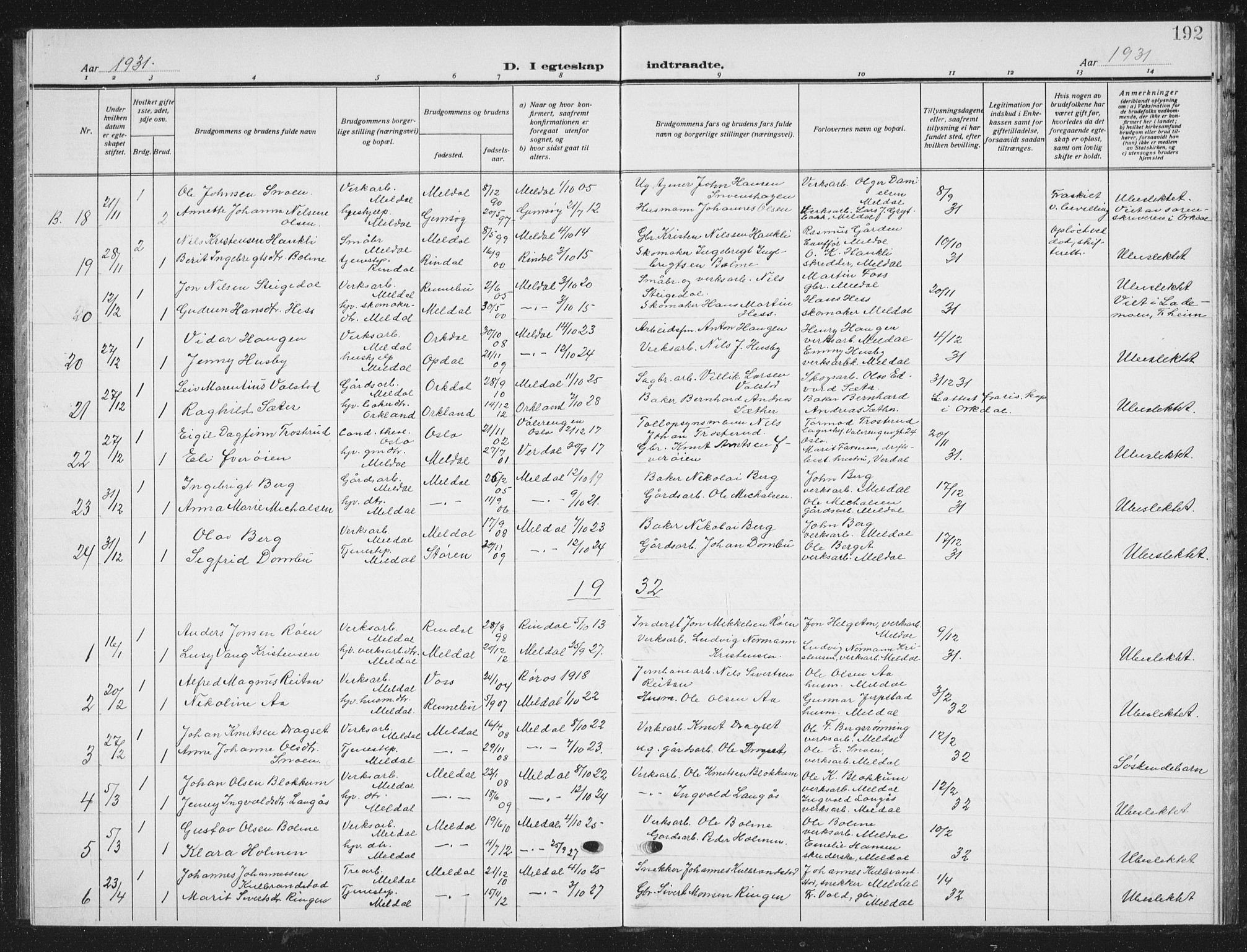Ministerialprotokoller, klokkerbøker og fødselsregistre - Sør-Trøndelag, SAT/A-1456/672/L0866: Parish register (copy) no. 672C05, 1929-1939, p. 192