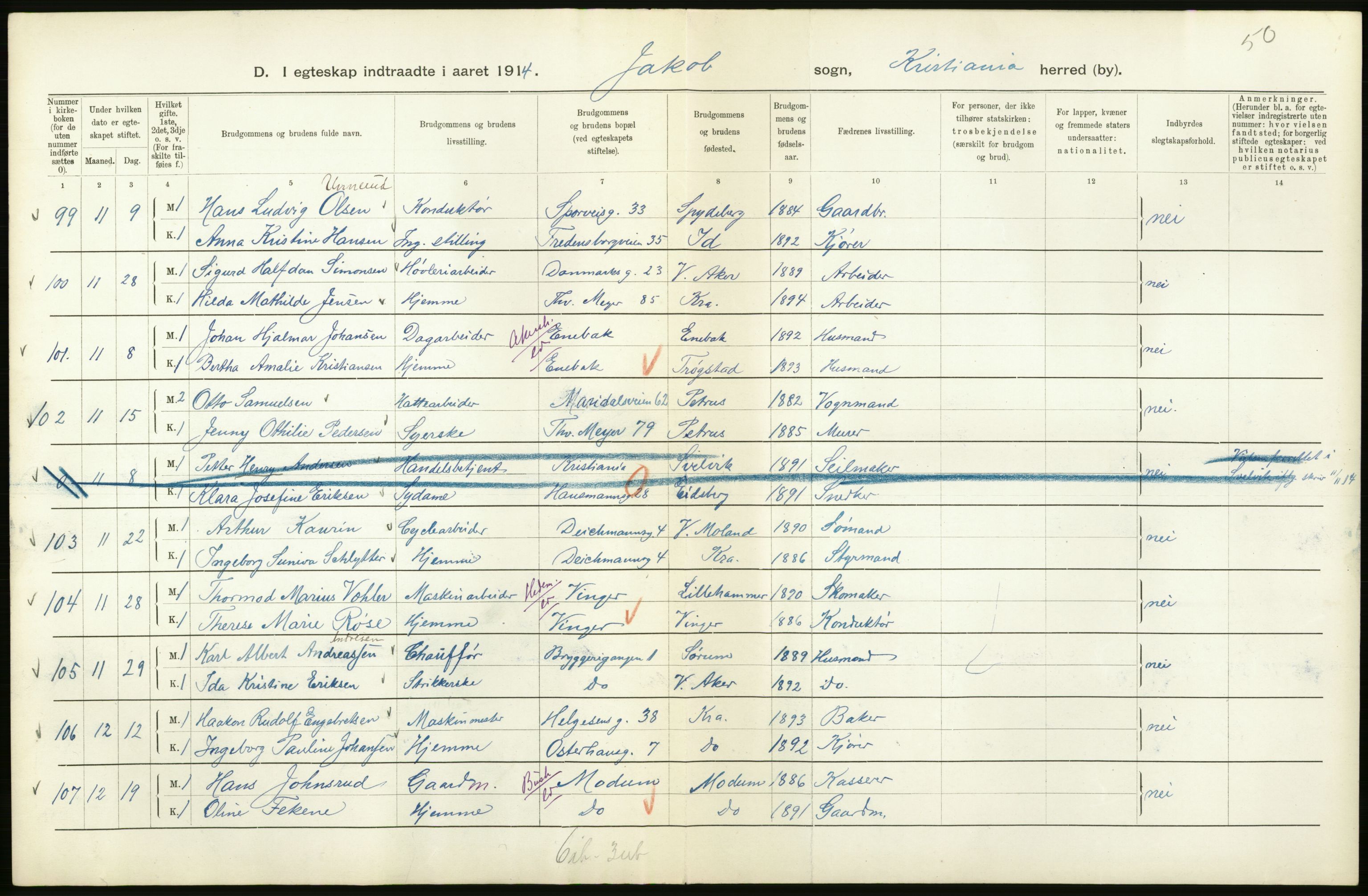 Statistisk sentralbyrå, Sosiodemografiske emner, Befolkning, AV/RA-S-2228/D/Df/Dfb/Dfbd/L0007: Kristiania: Gifte, 1914, p. 14