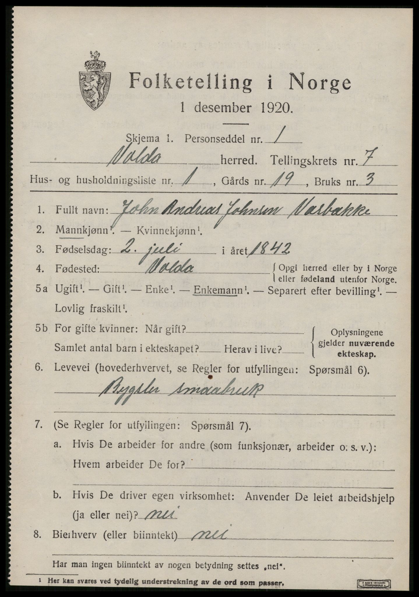 SAT, 1920 census for Volda, 1920, p. 6130