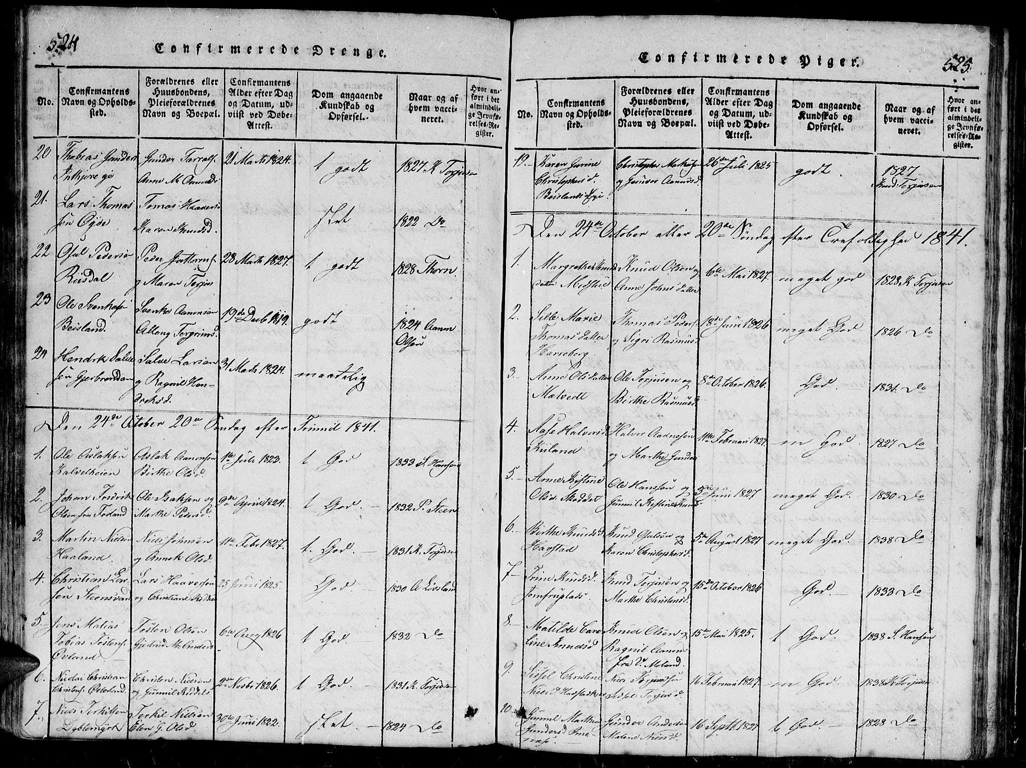 Hommedal sokneprestkontor, SAK/1111-0023/F/Fb/Fbb/L0003: Parish register (copy) no. B 3 /1, 1816-1850, p. 524-525